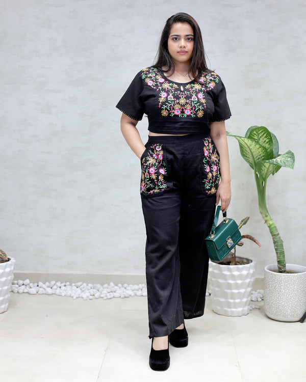 Floral Embroidered Crop Top with High Waisted Pants