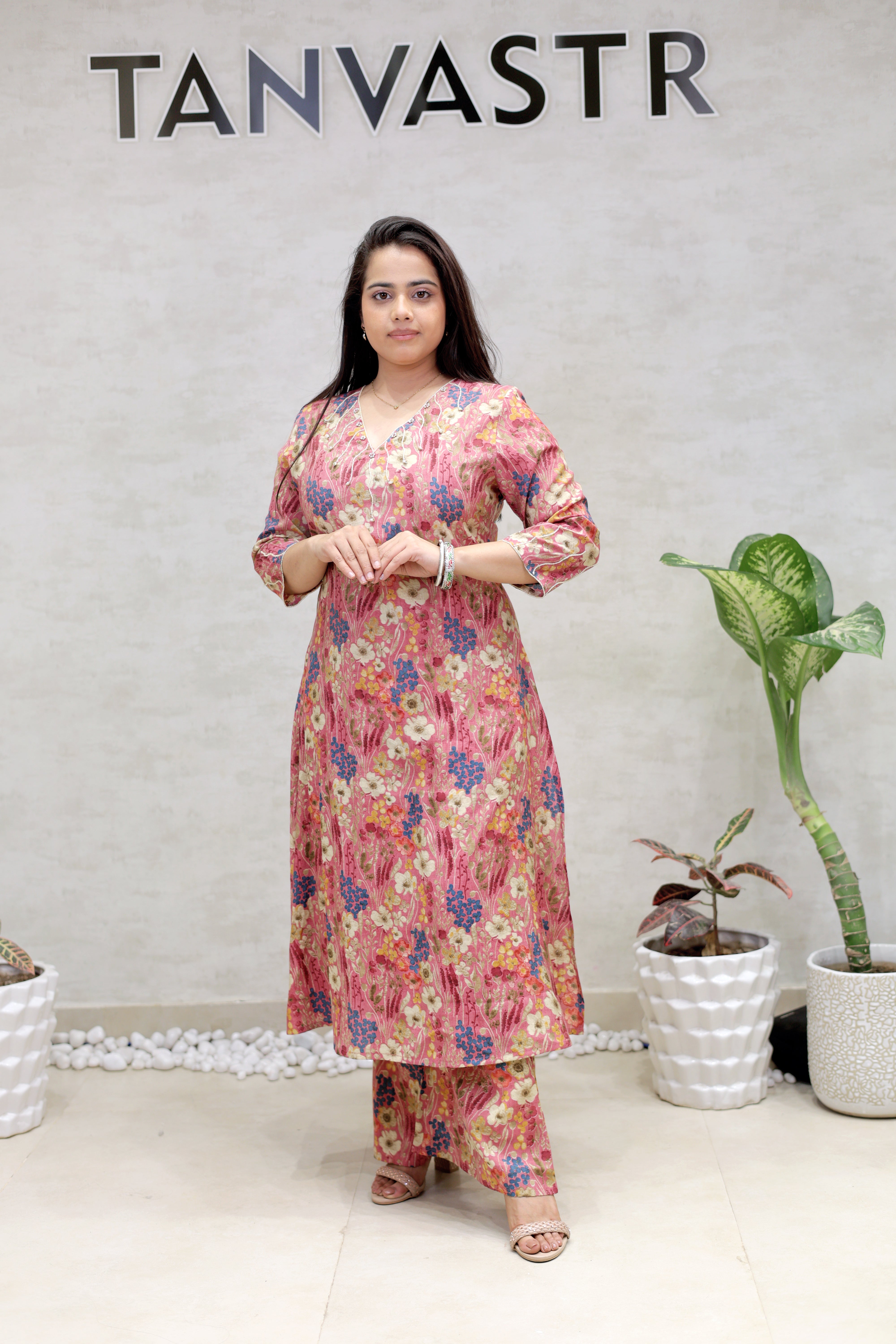 Floral Printed Long Kurta with Plazzo Pants Main image