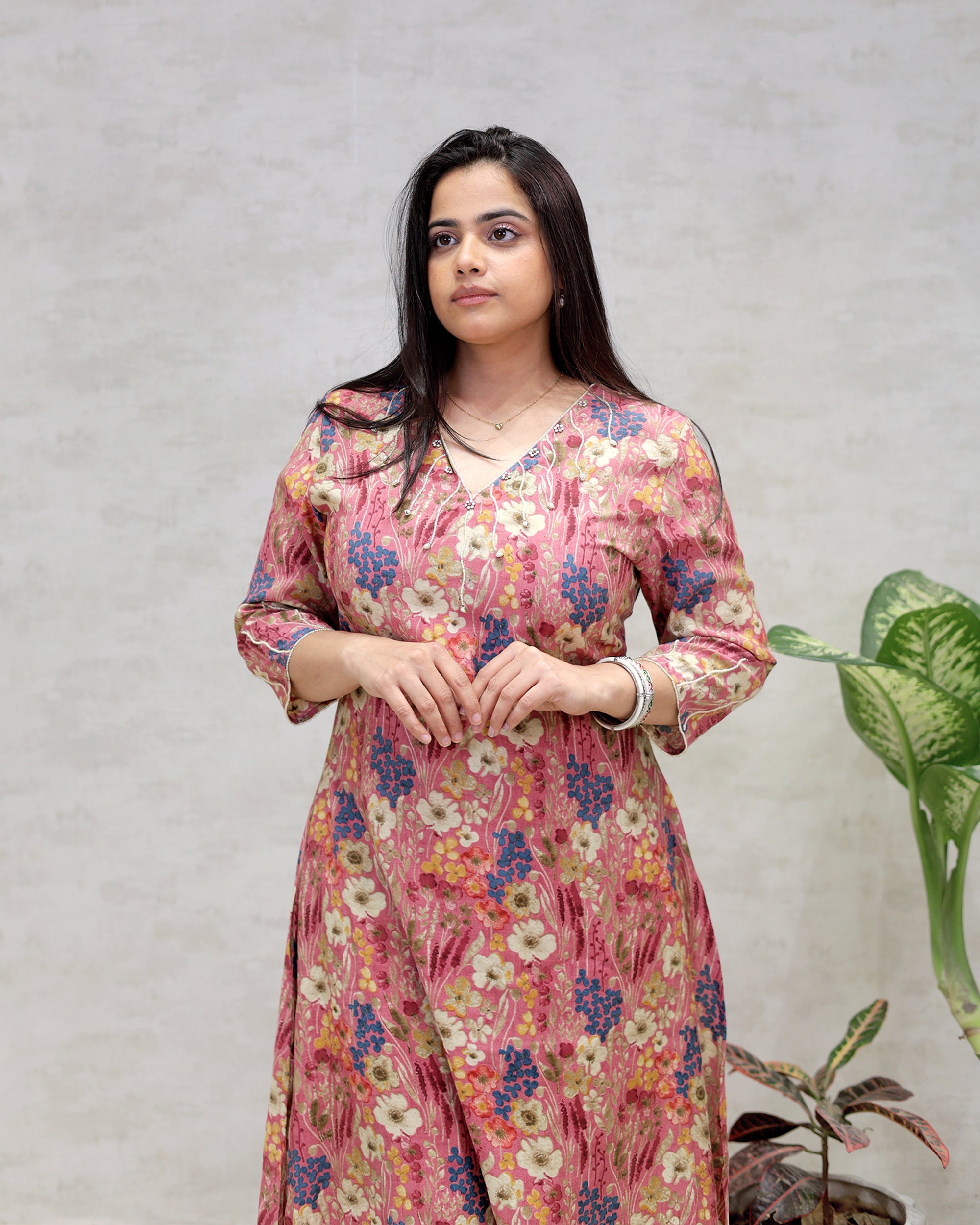 Floral Printed Long Kurta with Plazzo Pants
