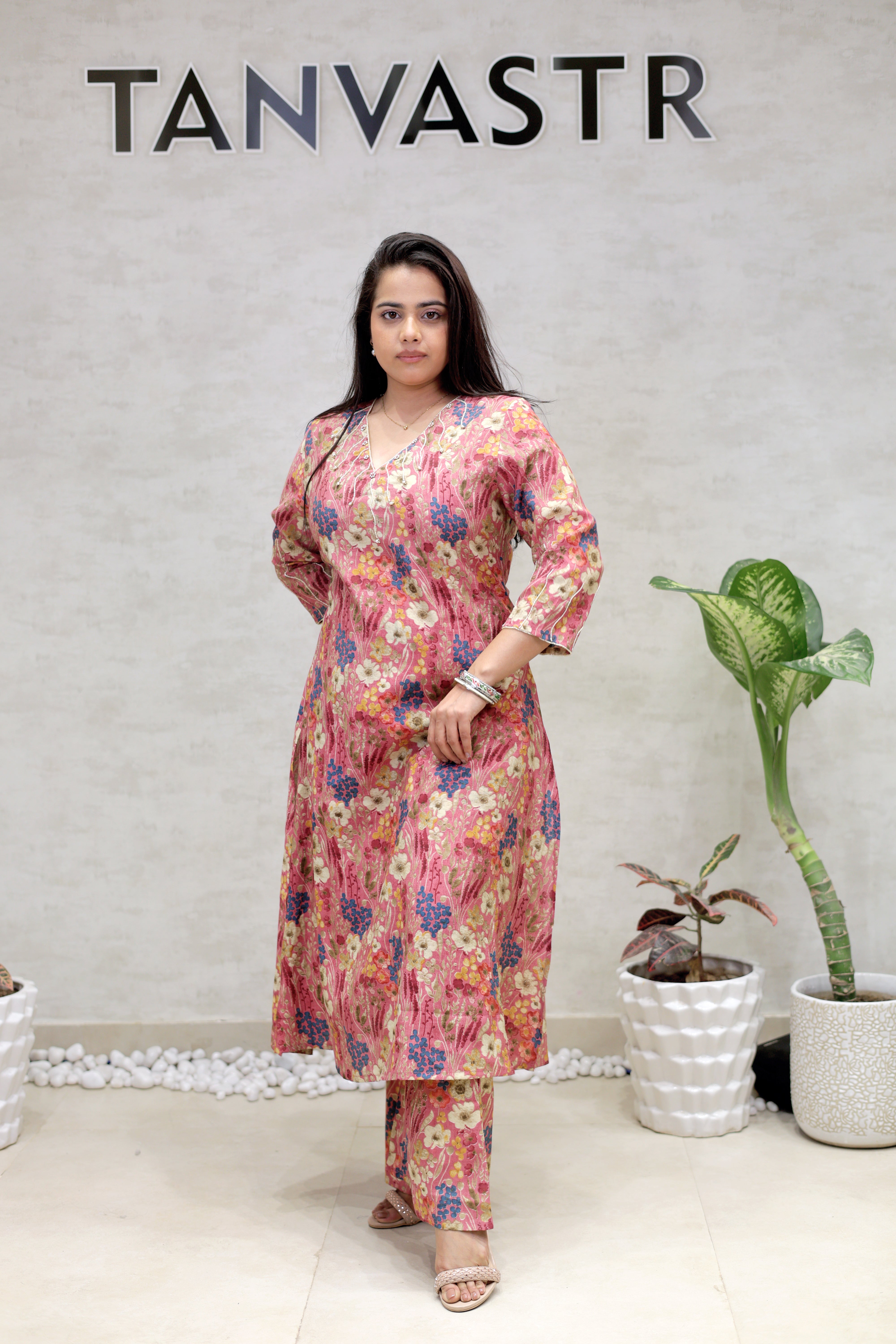 A-line Long Floral Beads HandWork