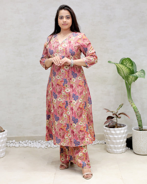Floral Printed Long Kurta with Plazzo Pants
