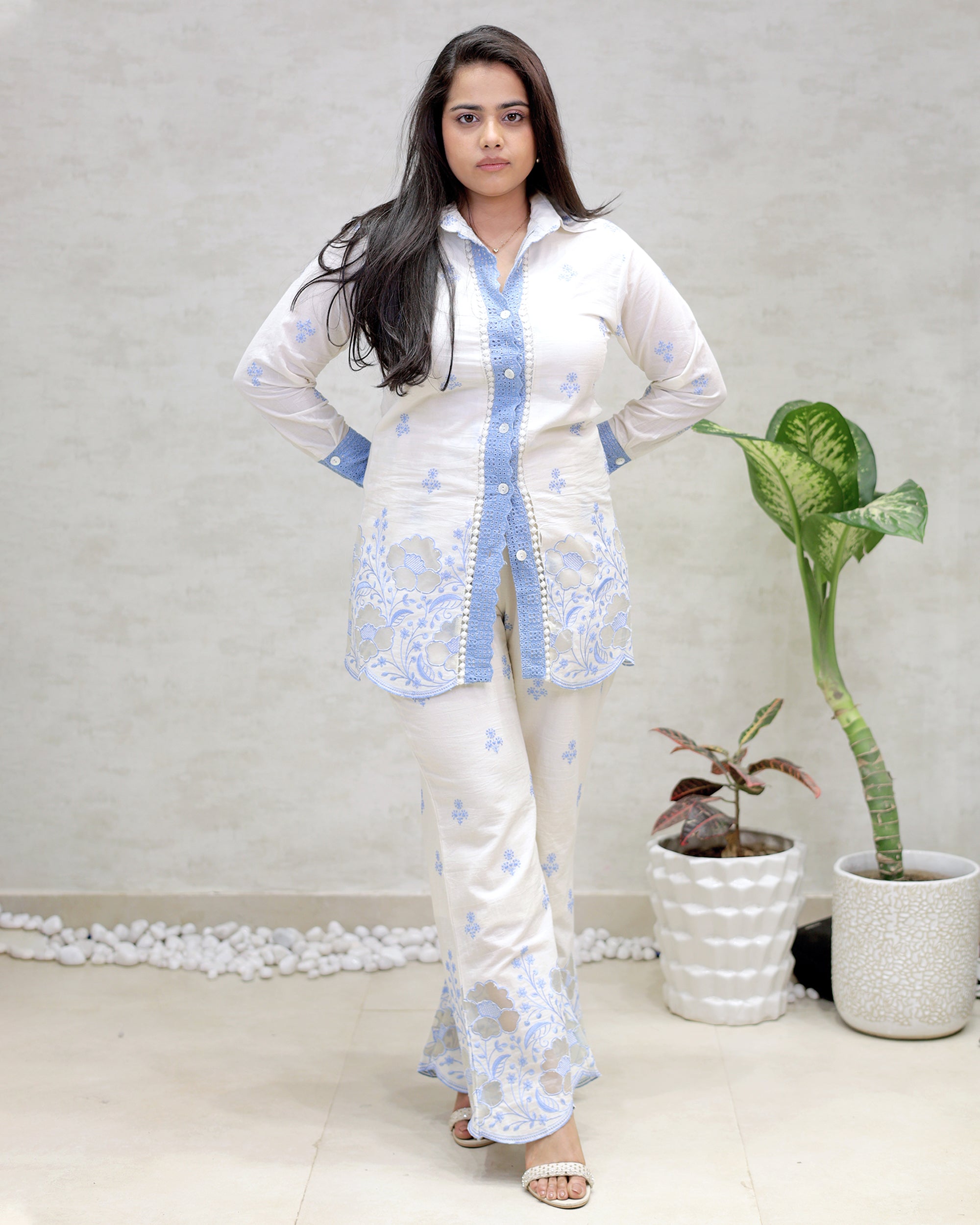 Applique Collar Shirt with Pants