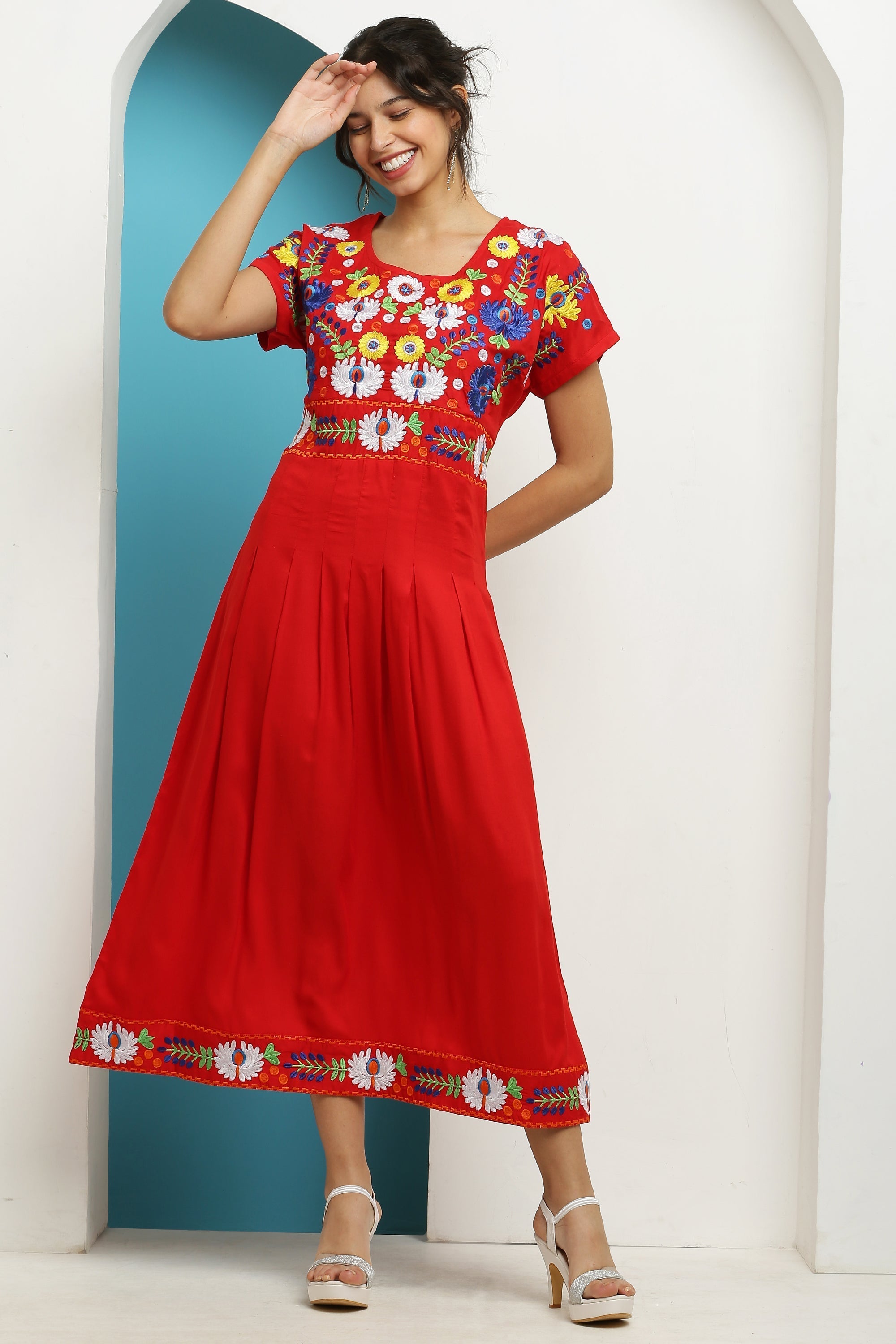 A-line Pleated Embroidered Kurta Dress