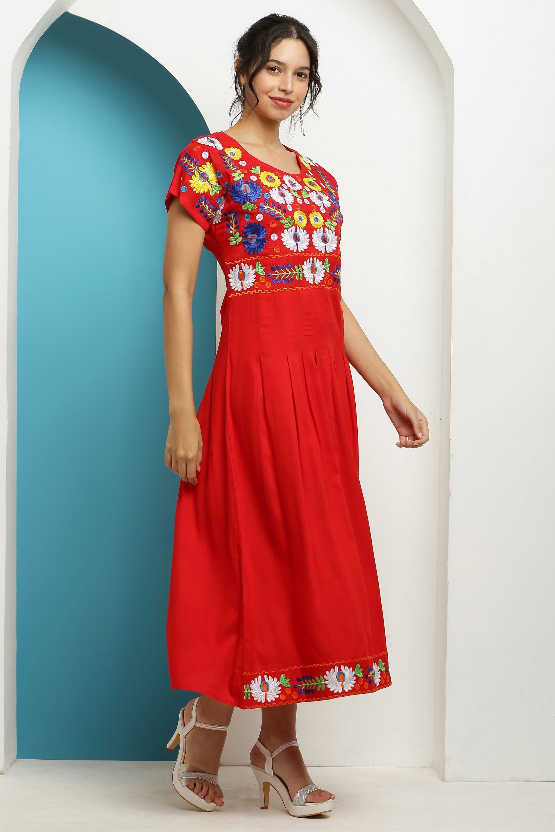 A-line Pleated Embroidered Kurta Dress