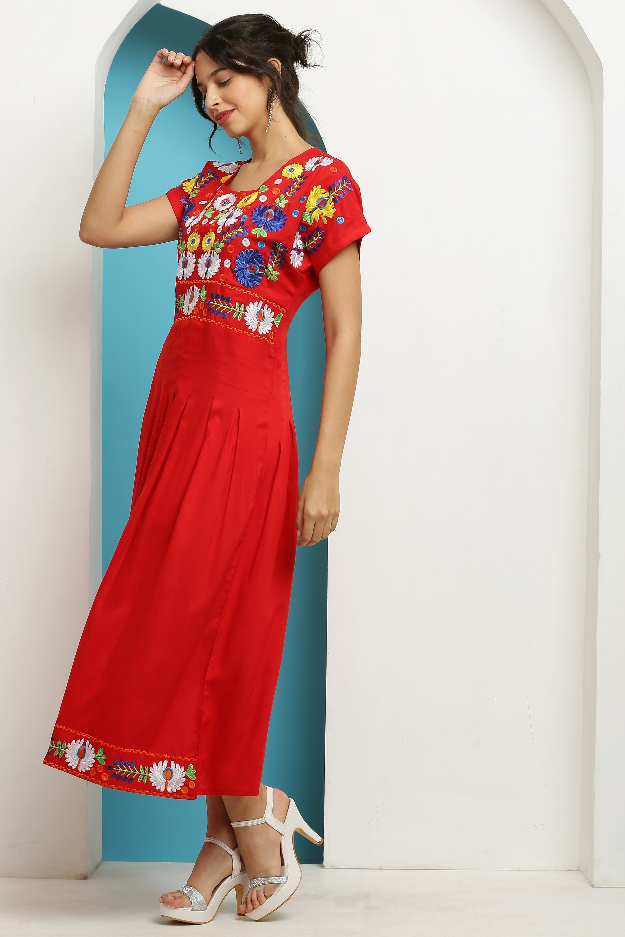 A-line Pleated Embroidered Kurta Dress