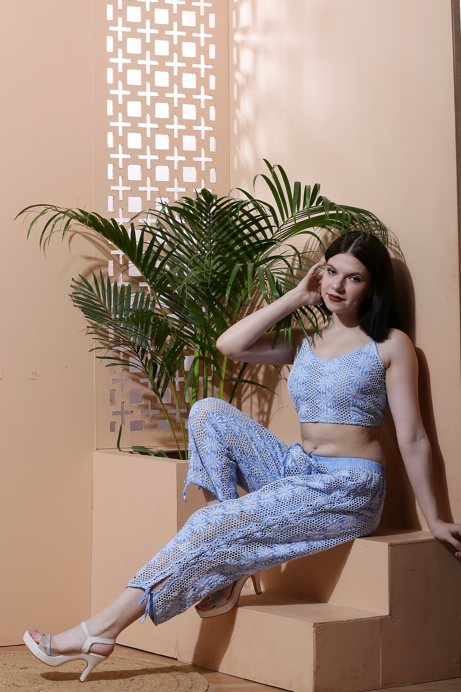 Schiffli Co-Ord Set Crop Top with Harem Pants