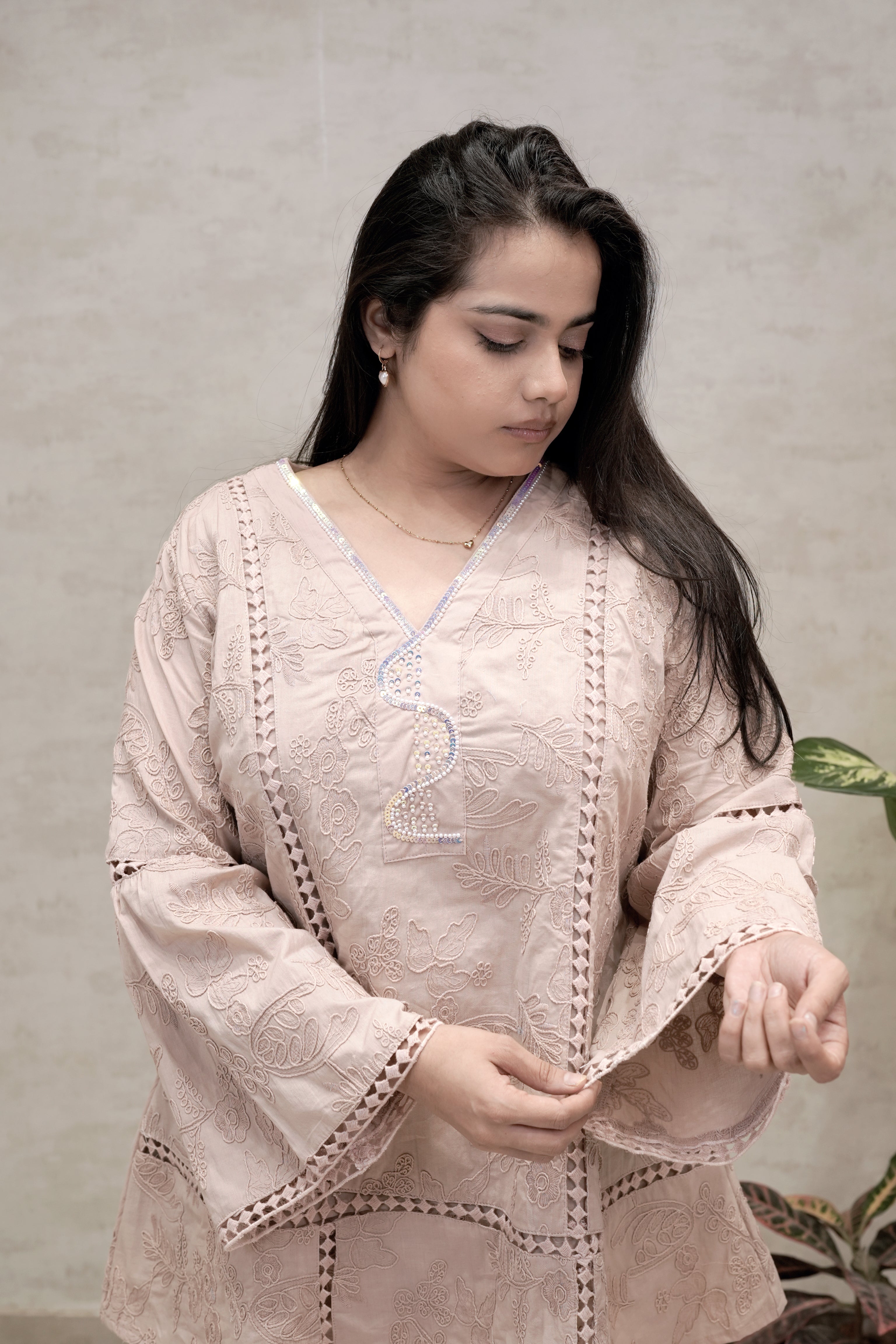 A-line Thread Schiffli Kurta with Plazzo Pants