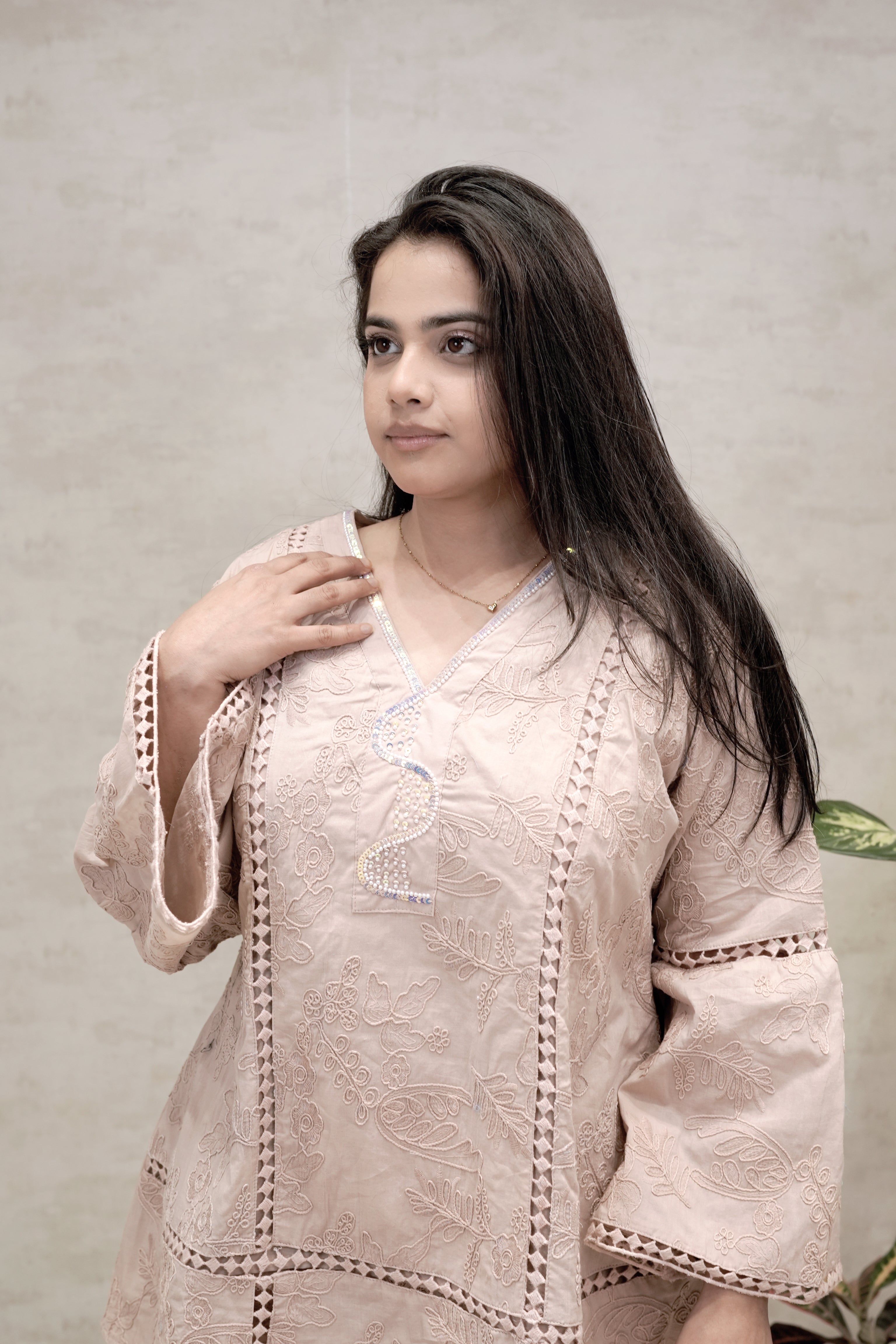 A-line Thread Schiffli Kurta with Plazzo Pants