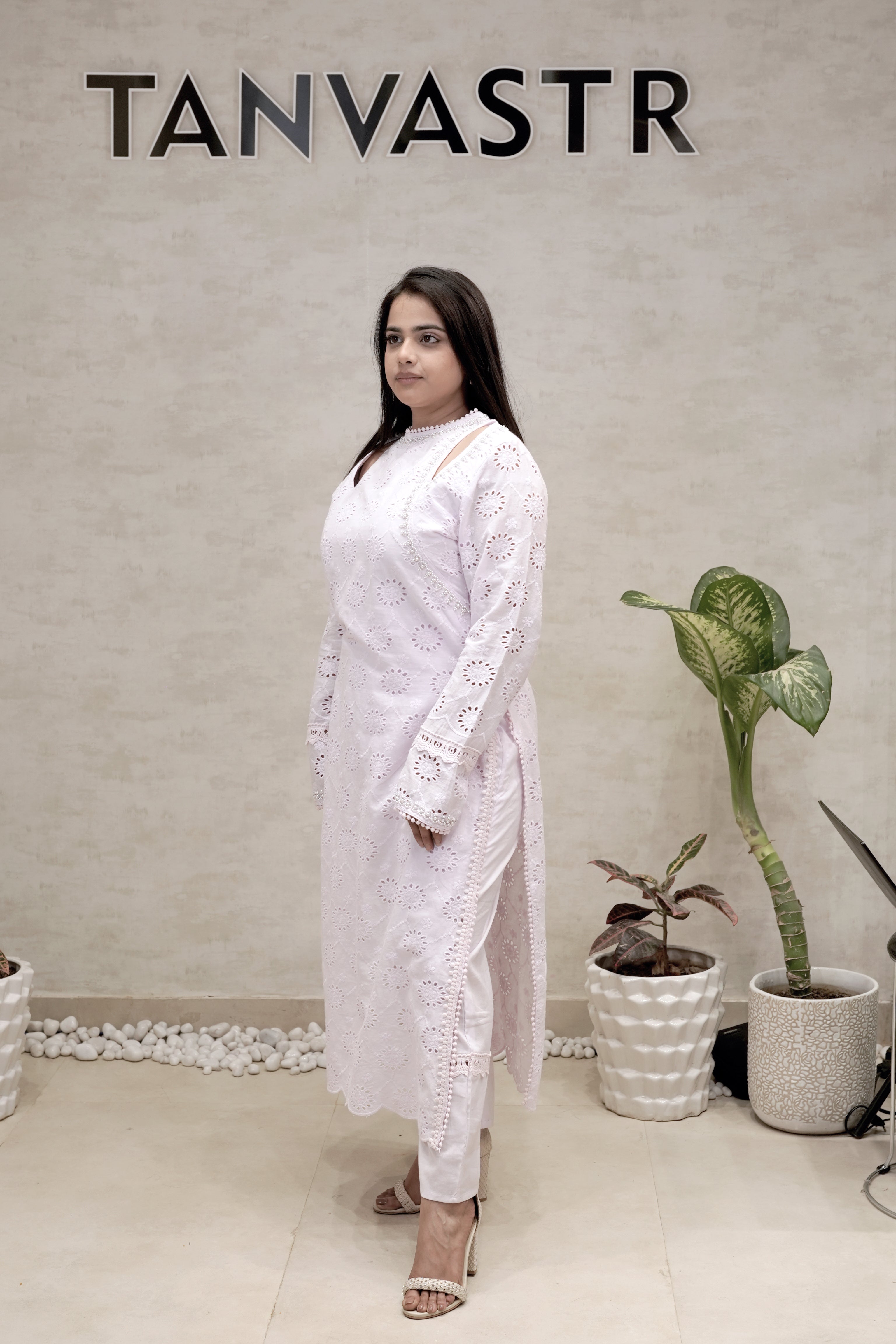 Floral Schiffli Long Straight Kurta with Pants
