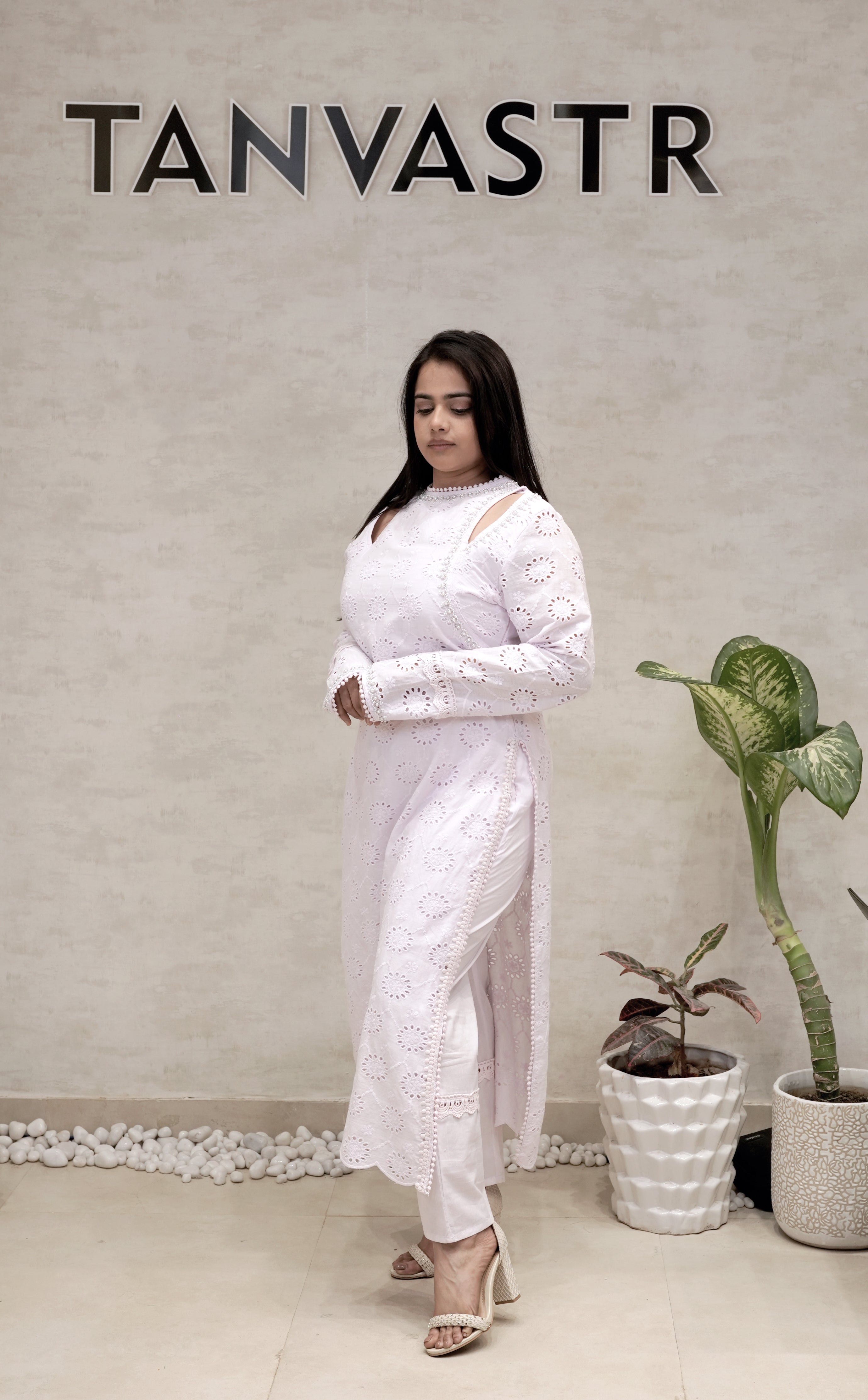 Floral Schiffli Long Straight Kurta with Pants