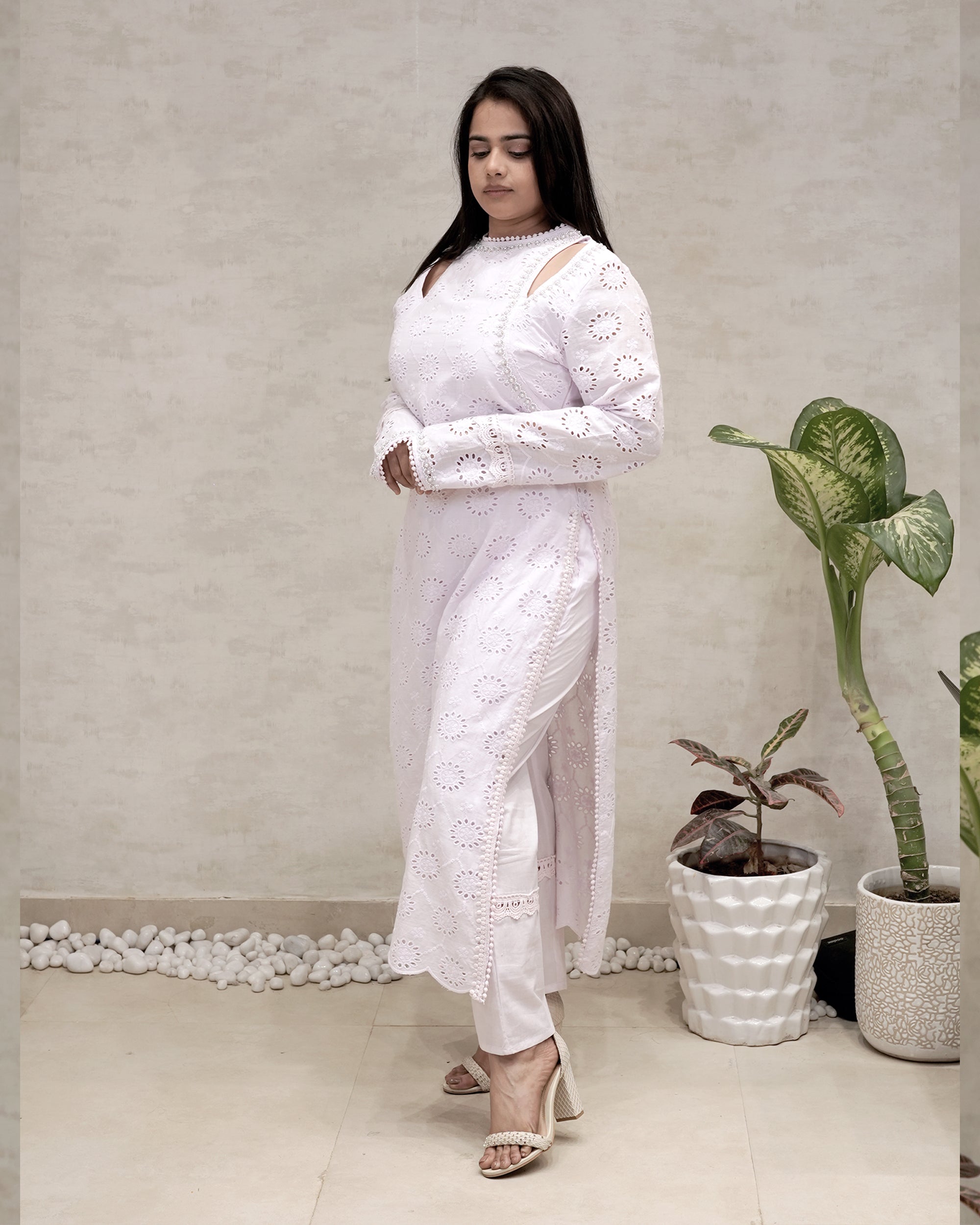 Floral Schiffli Long Straight Kurta with Pants