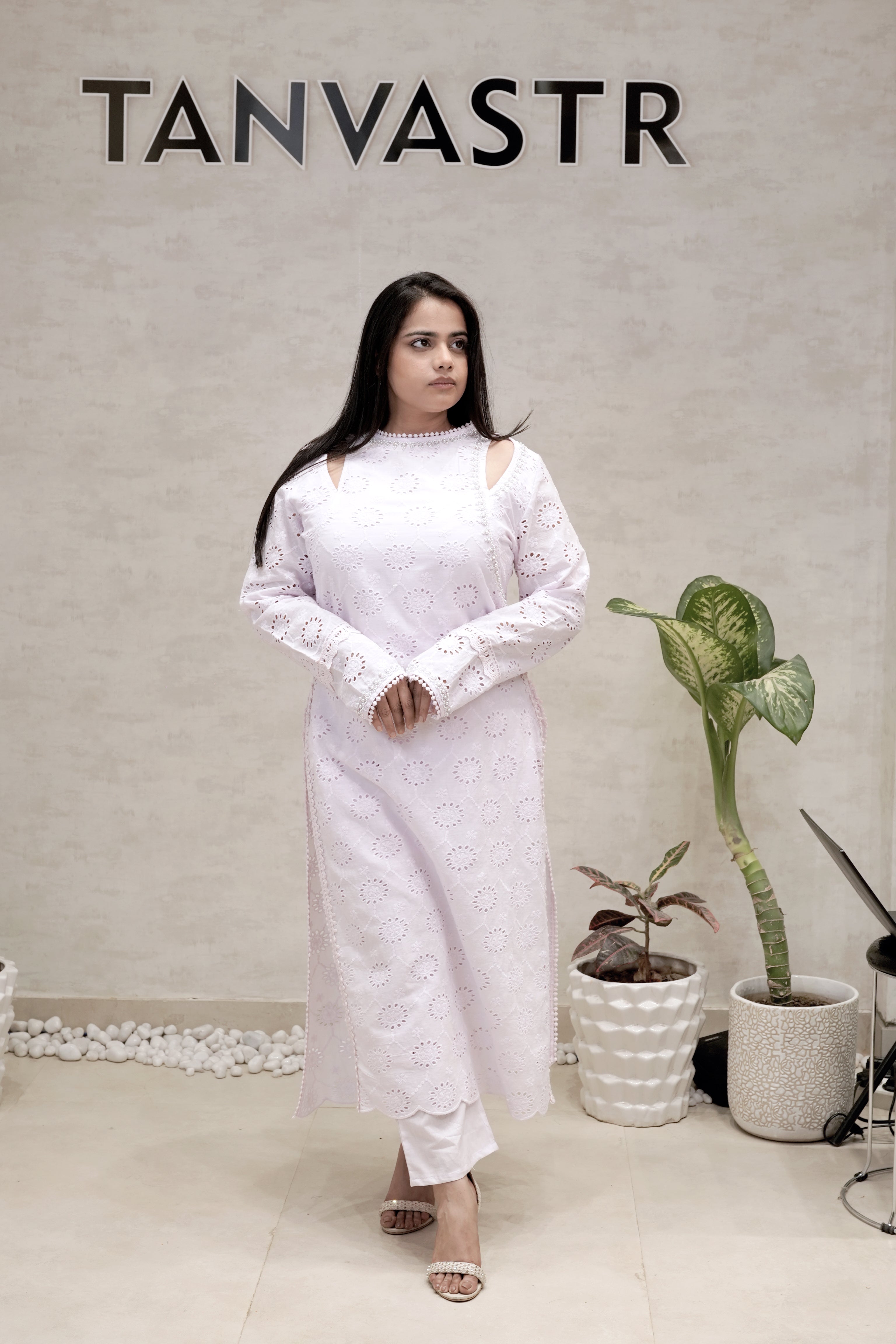 Floral Schiffli Long Straight Kurta with Pants