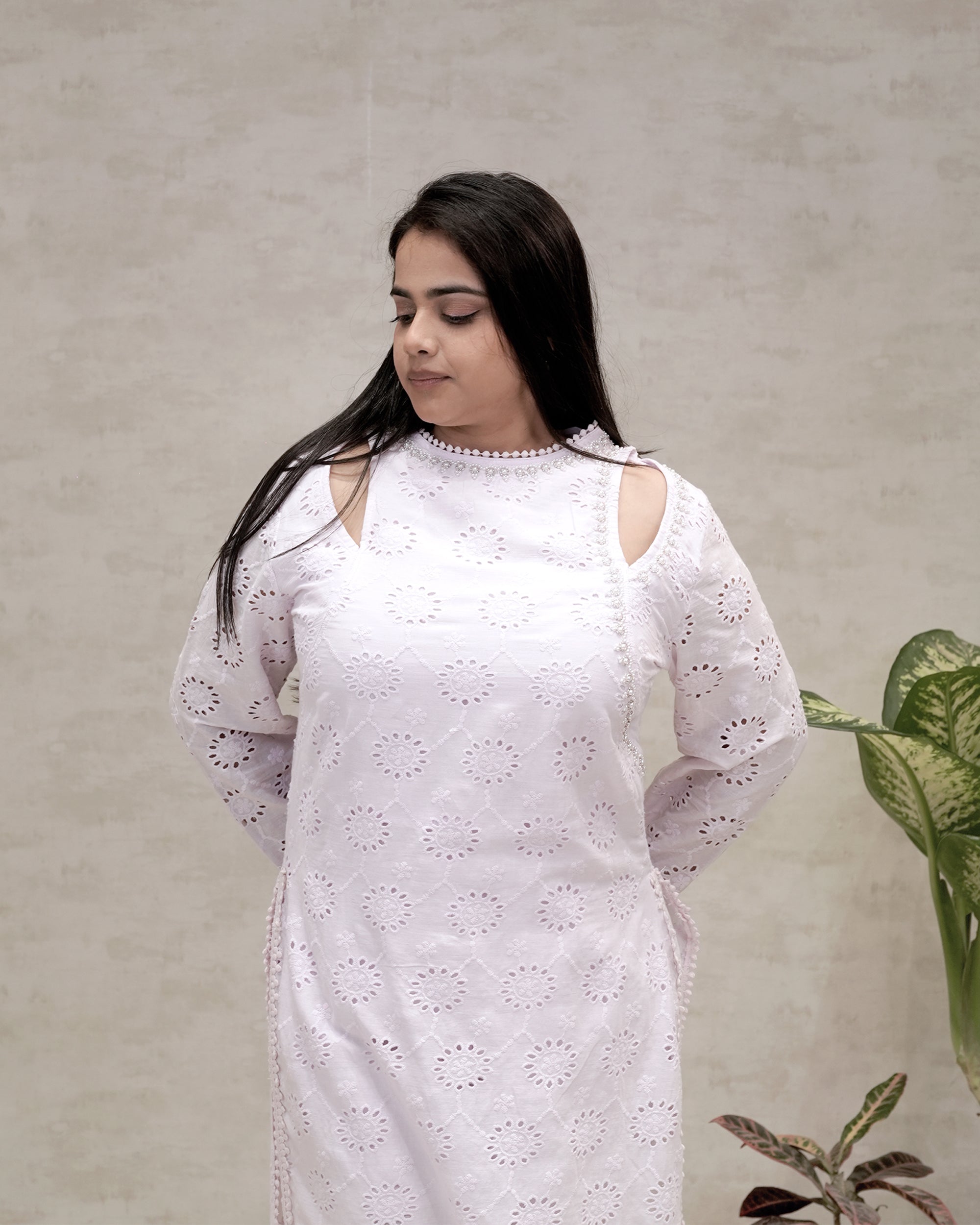 Floral Schiffli Long Straight Kurta with Pants