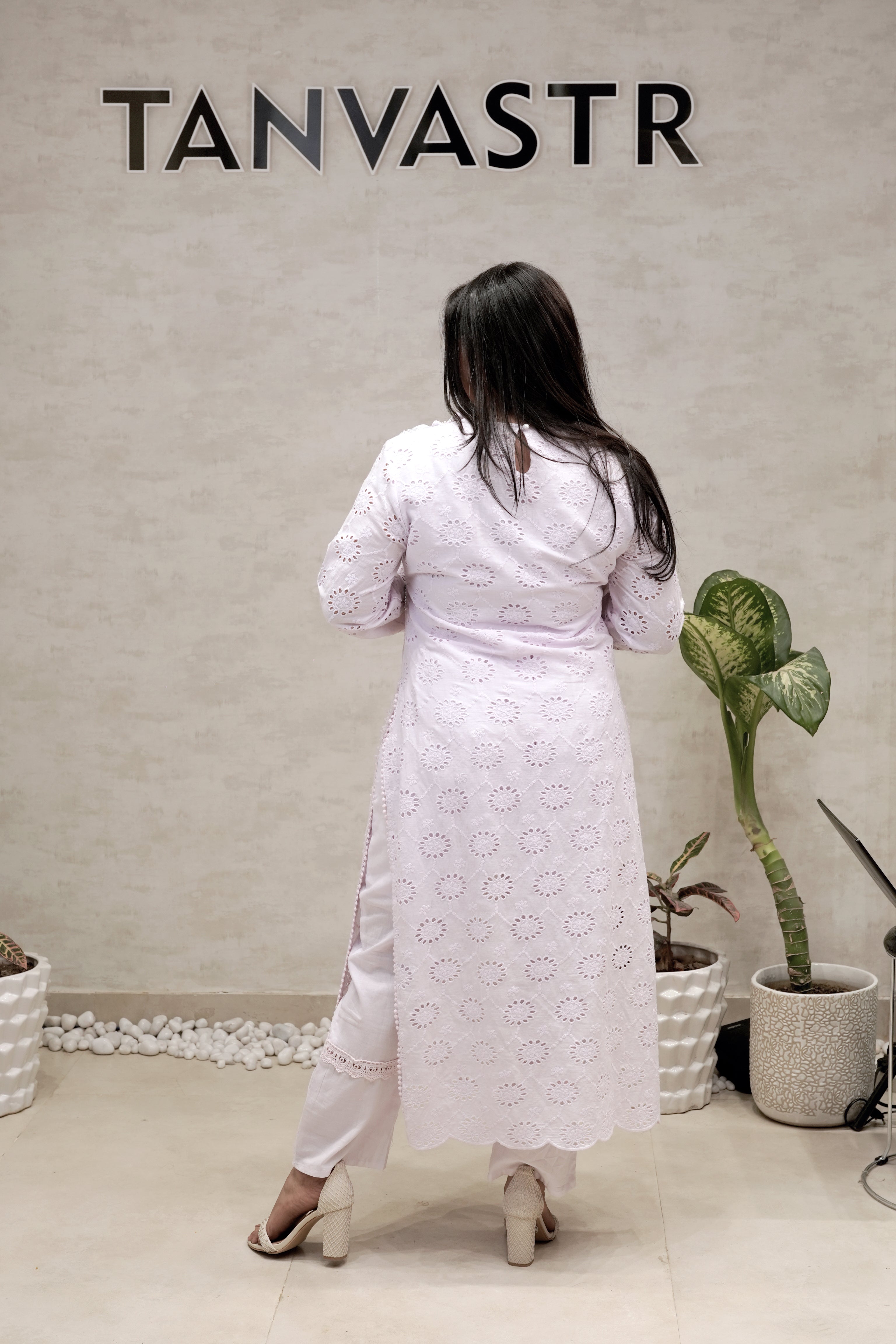 Floral Schiffli Long Straight Kurta with Pants