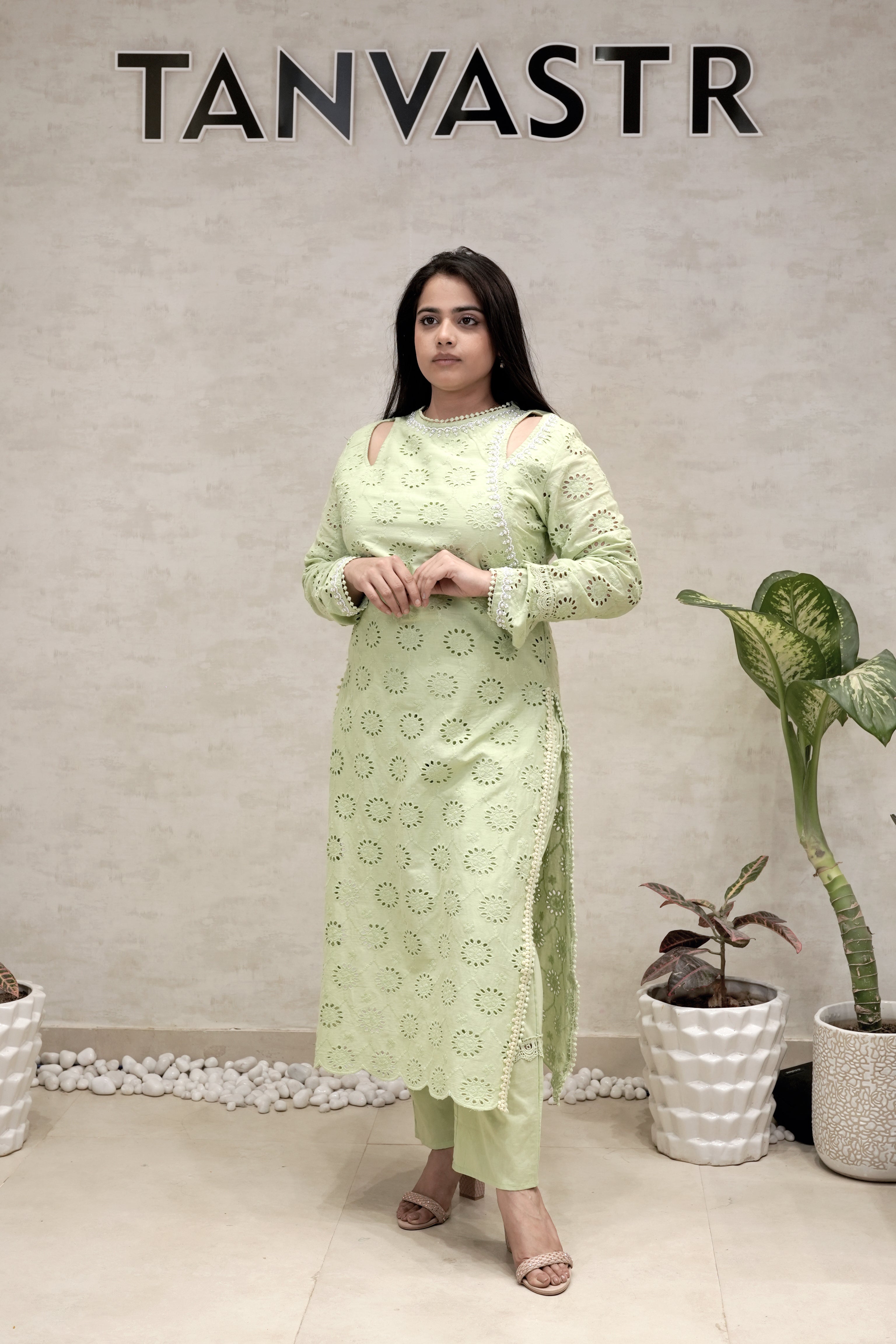 Floral Schiffli Long Straight Kurta with Pants