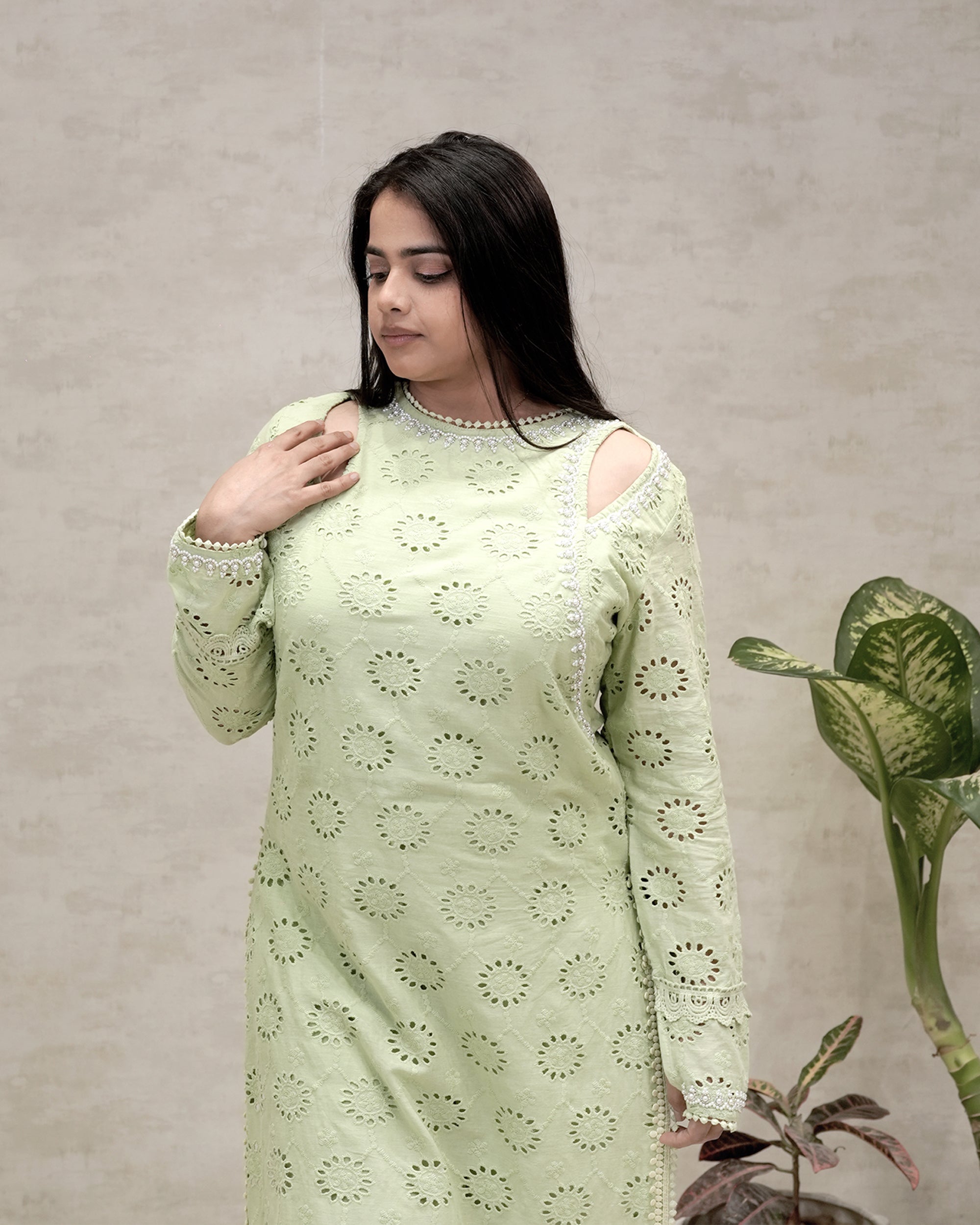 Floral Schiffli Long Straight Kurta with Pants