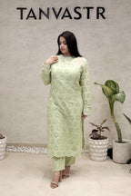 Floral Schiffli Long Straight Kurta with Pants
