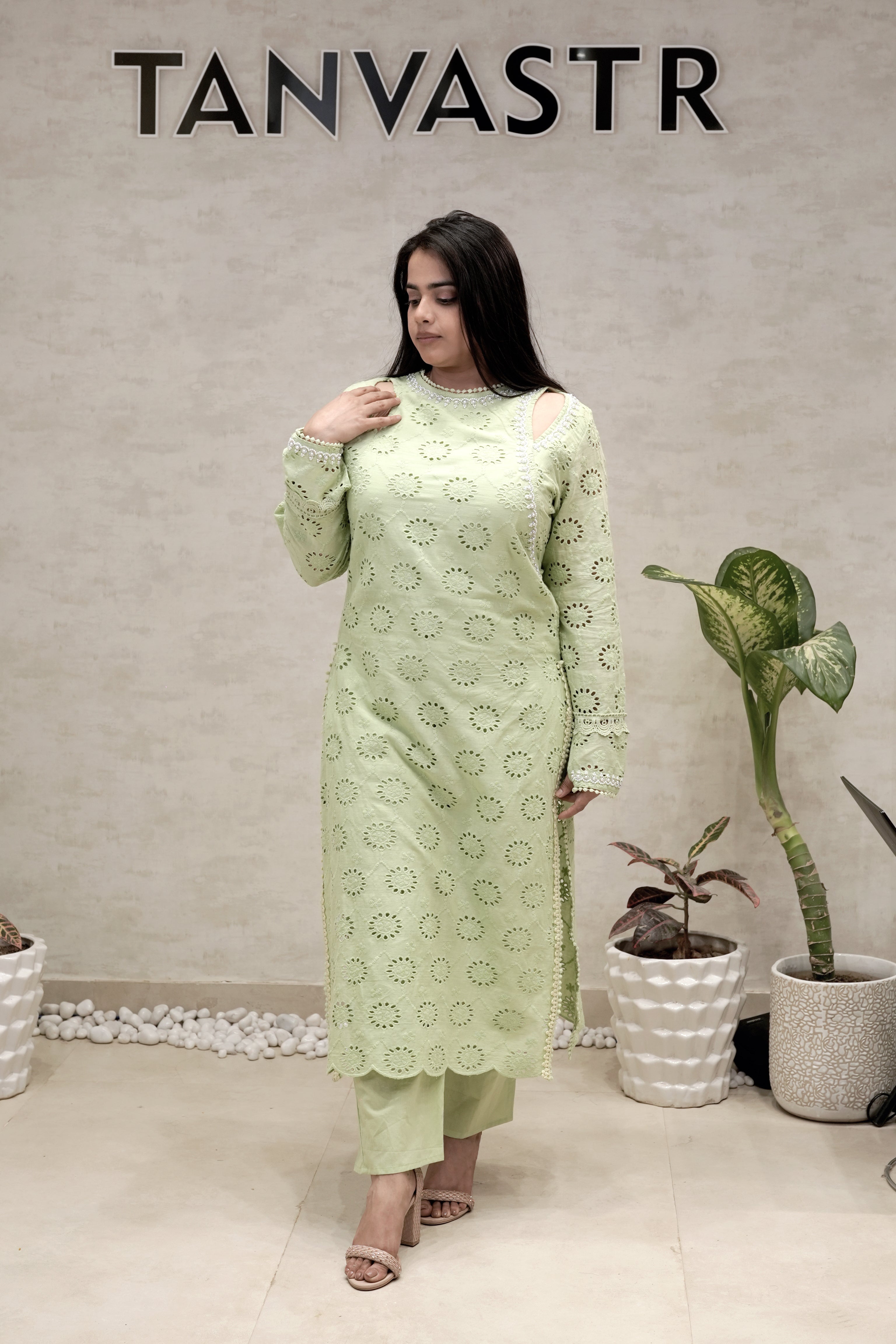 Floral Schiffli Long Straight Kurta with Pants