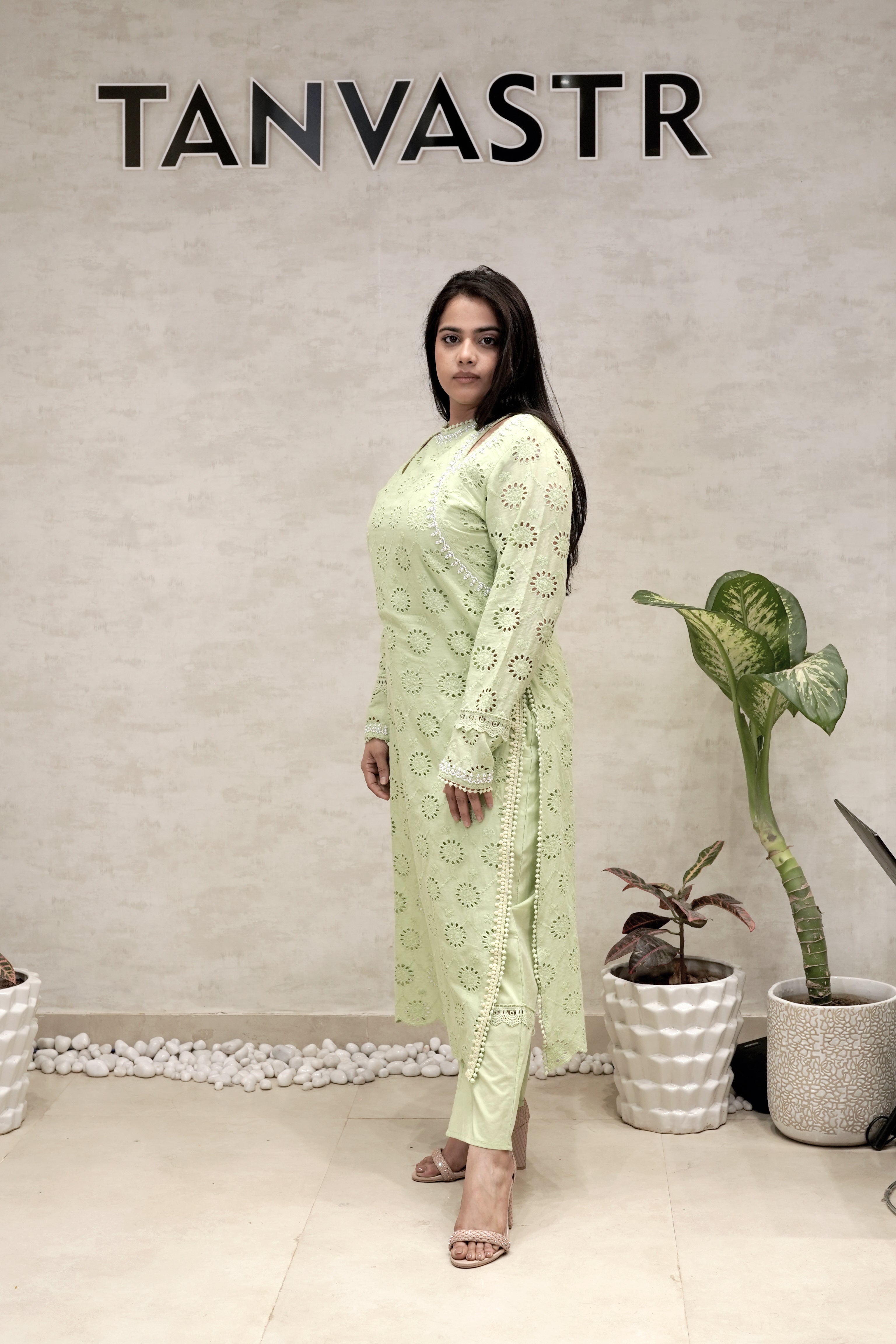 Floral Schiffli Long Straight Kurta with Pants