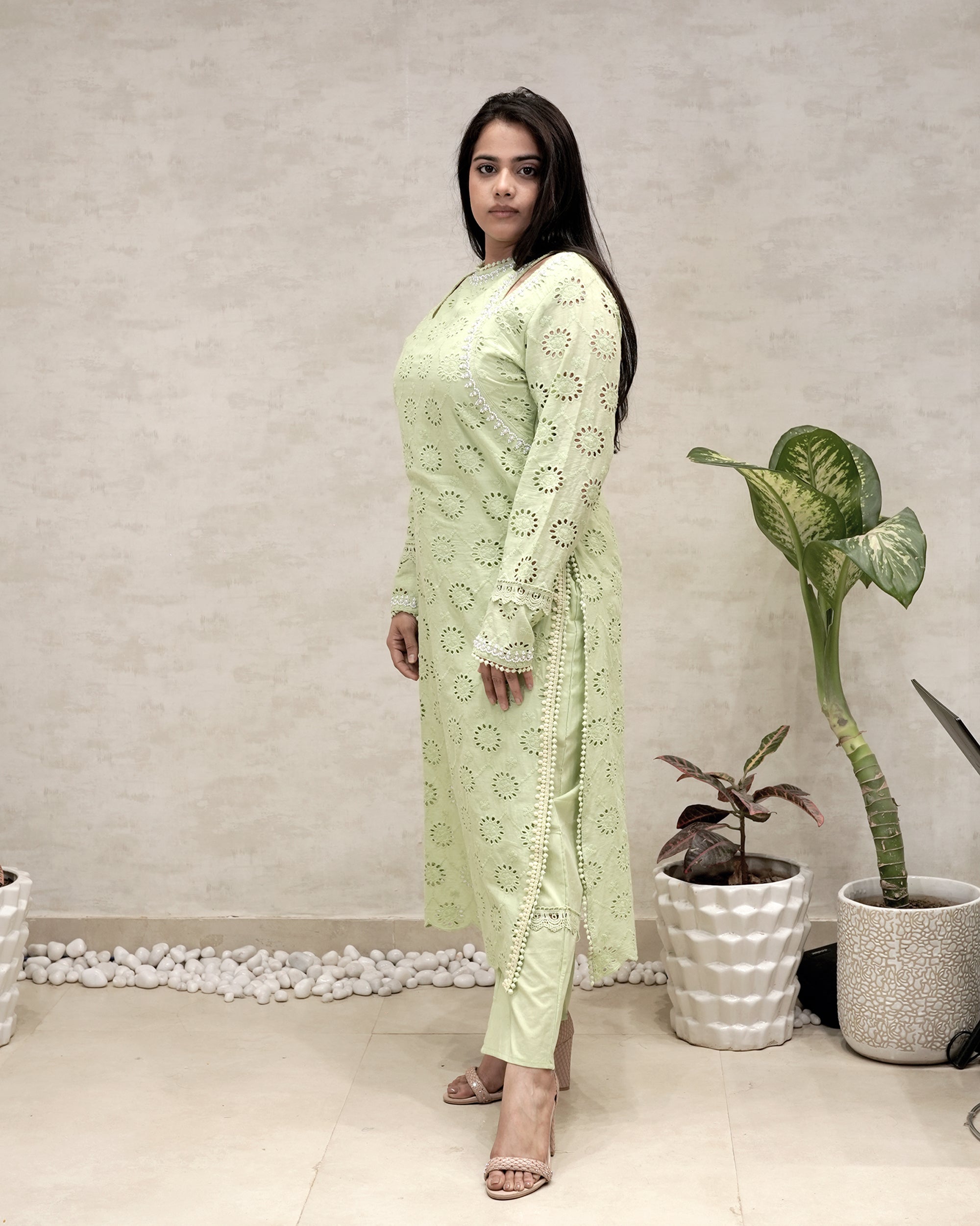 Floral Schiffli Long Straight Kurta with Pants