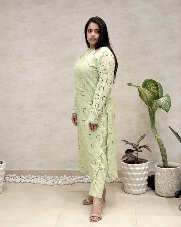 Floral Schiffli Long Straight Kurta with Pants — view 2