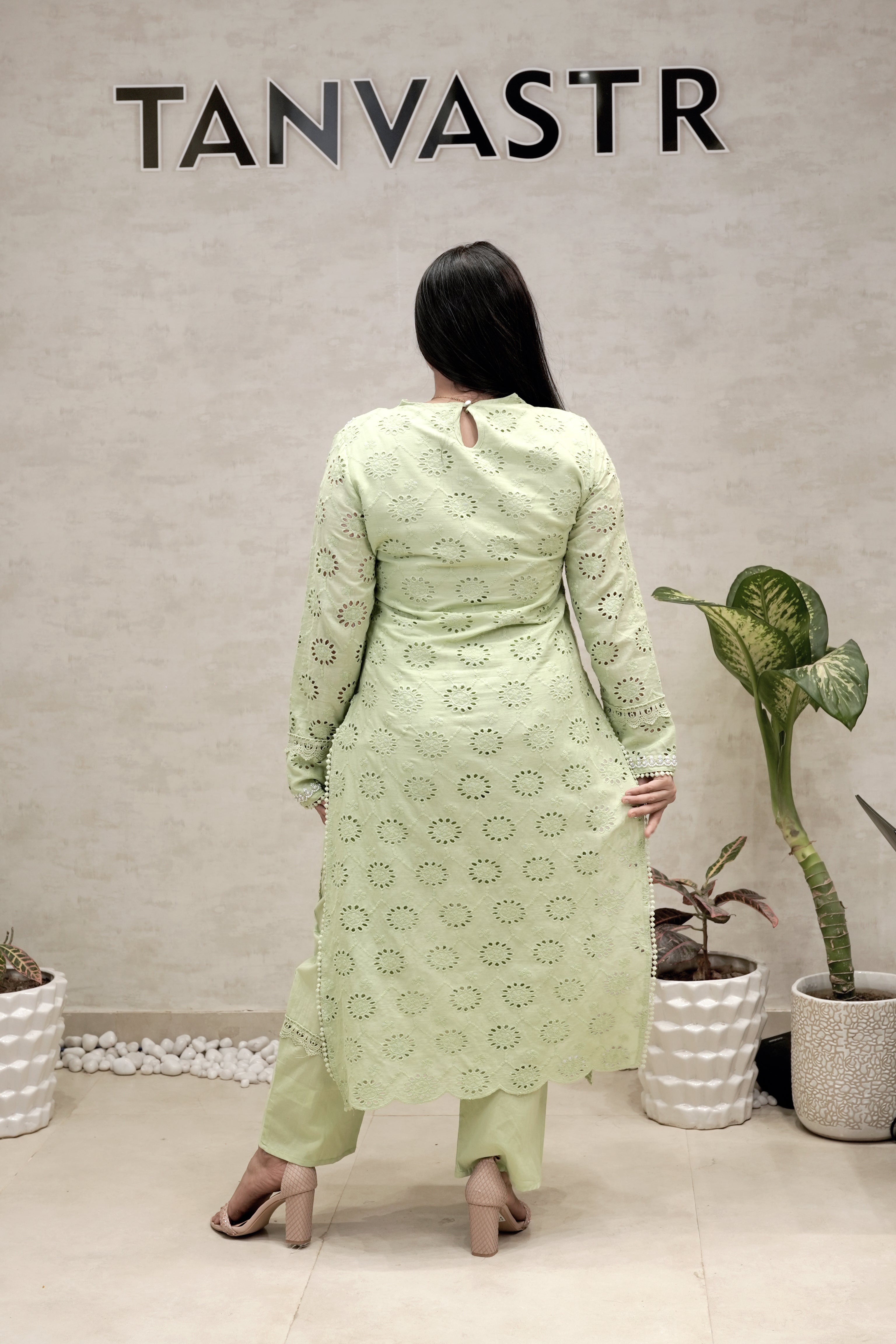 Floral Schiffli Long Straight Kurta with Pants