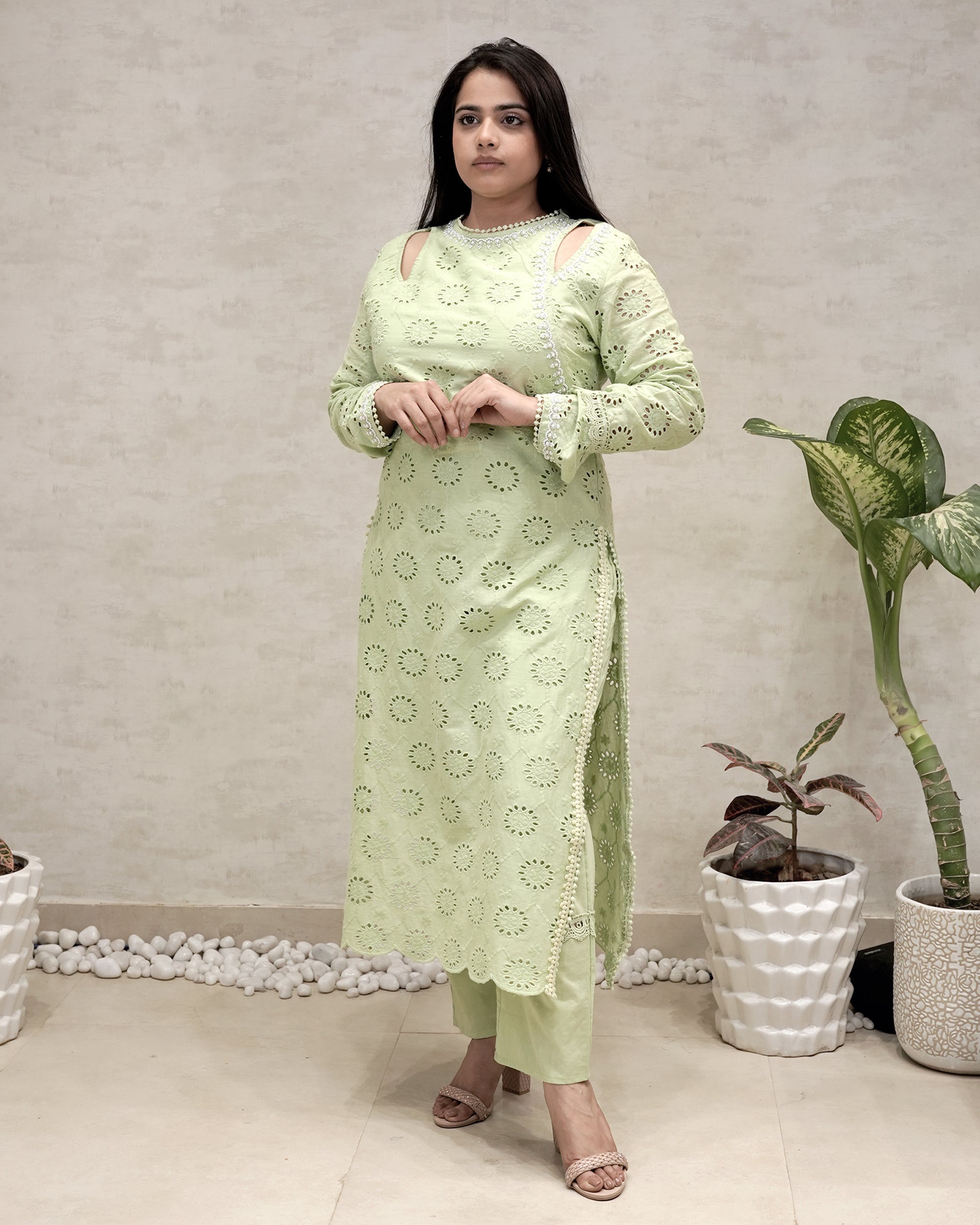 Floral Schiffli Long Straight Kurta with Pants