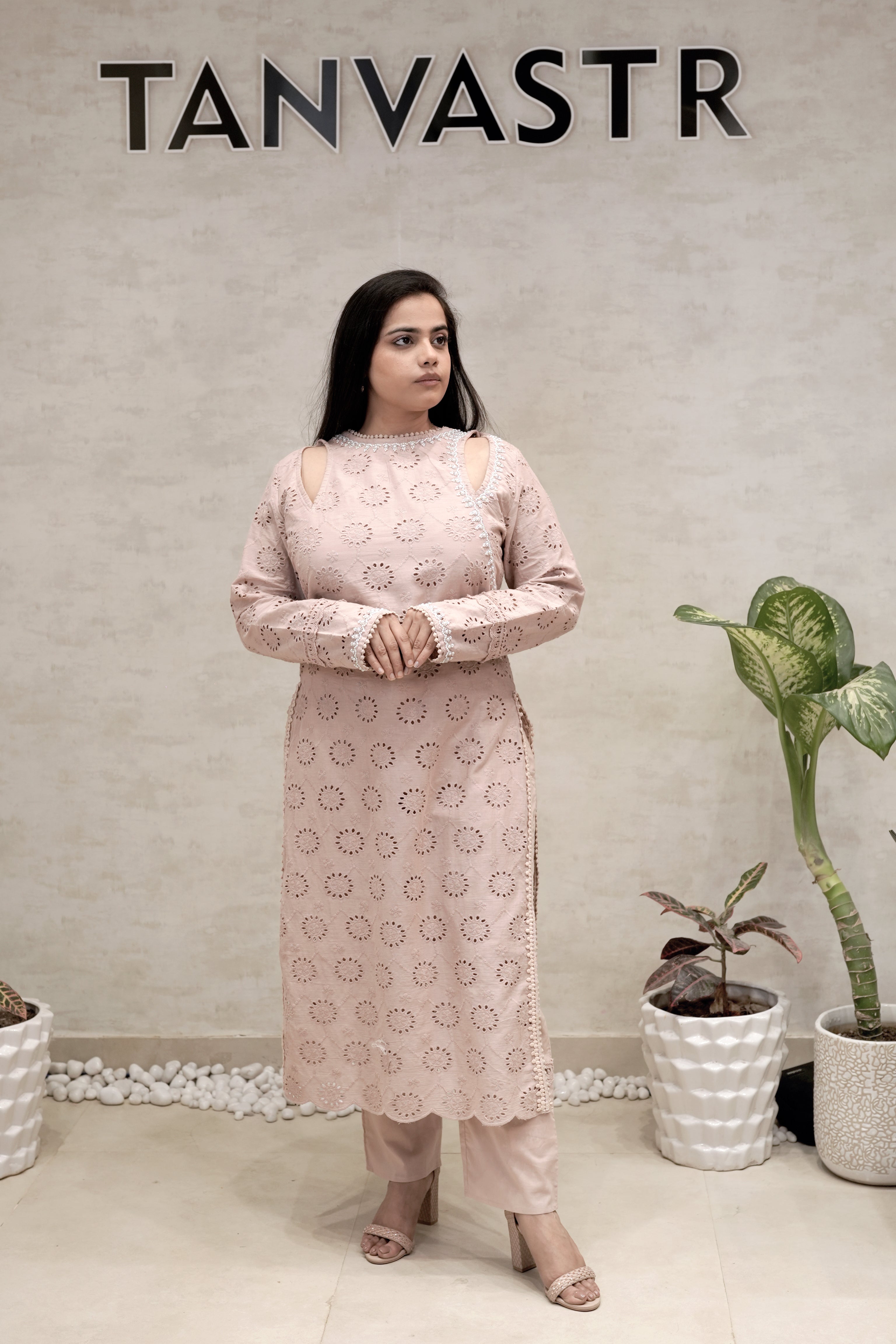 Floral Schiffli Long Straight Kurta with Pants