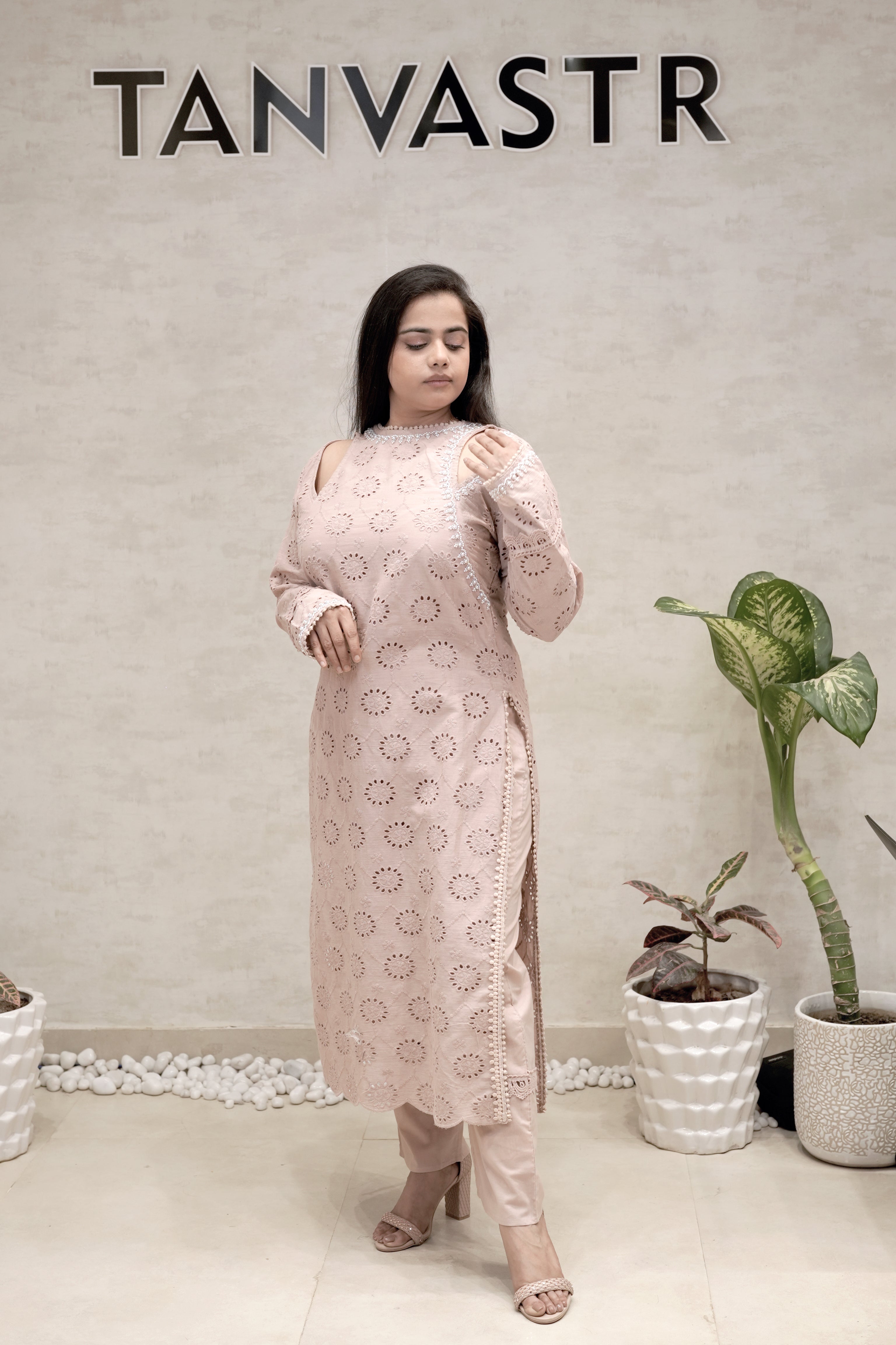 Floral Schiffli Long Straight Kurta with Pants