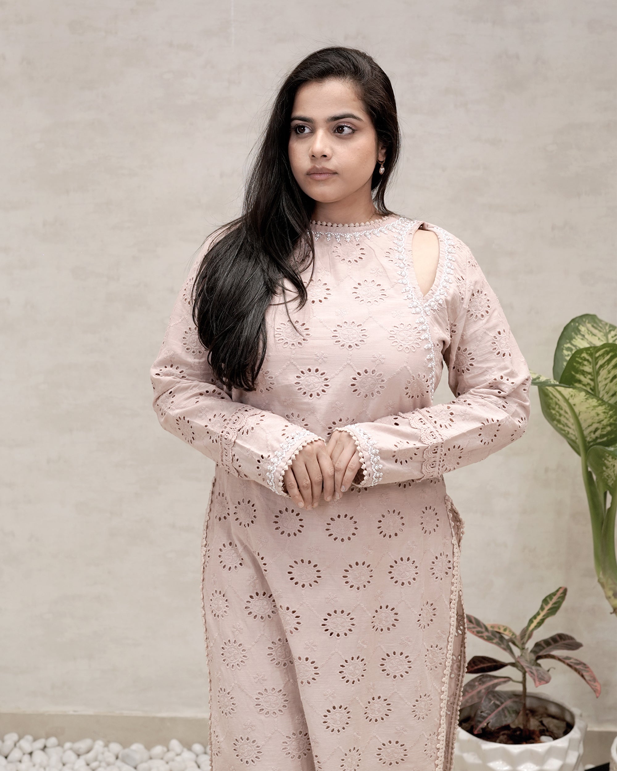 Floral Schiffli Long Straight Kurta with Pants
