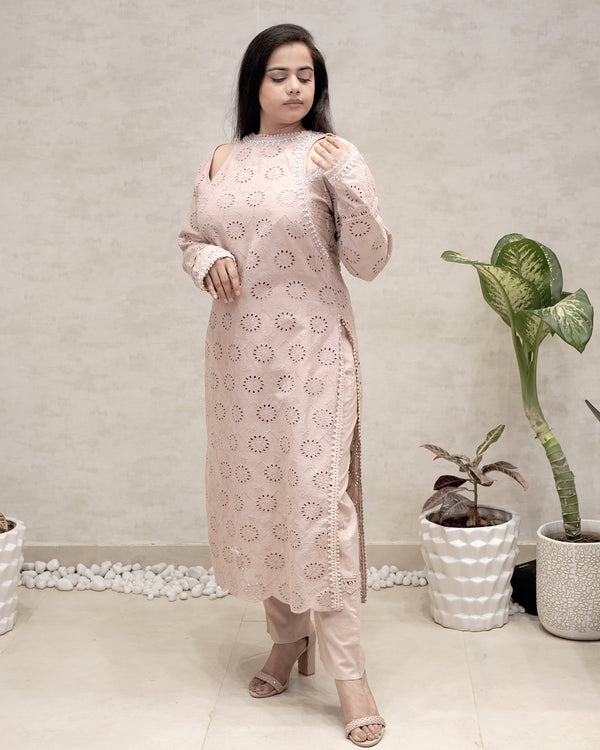 Floral Schiffli Long Straight Kurta with Pants — view 2