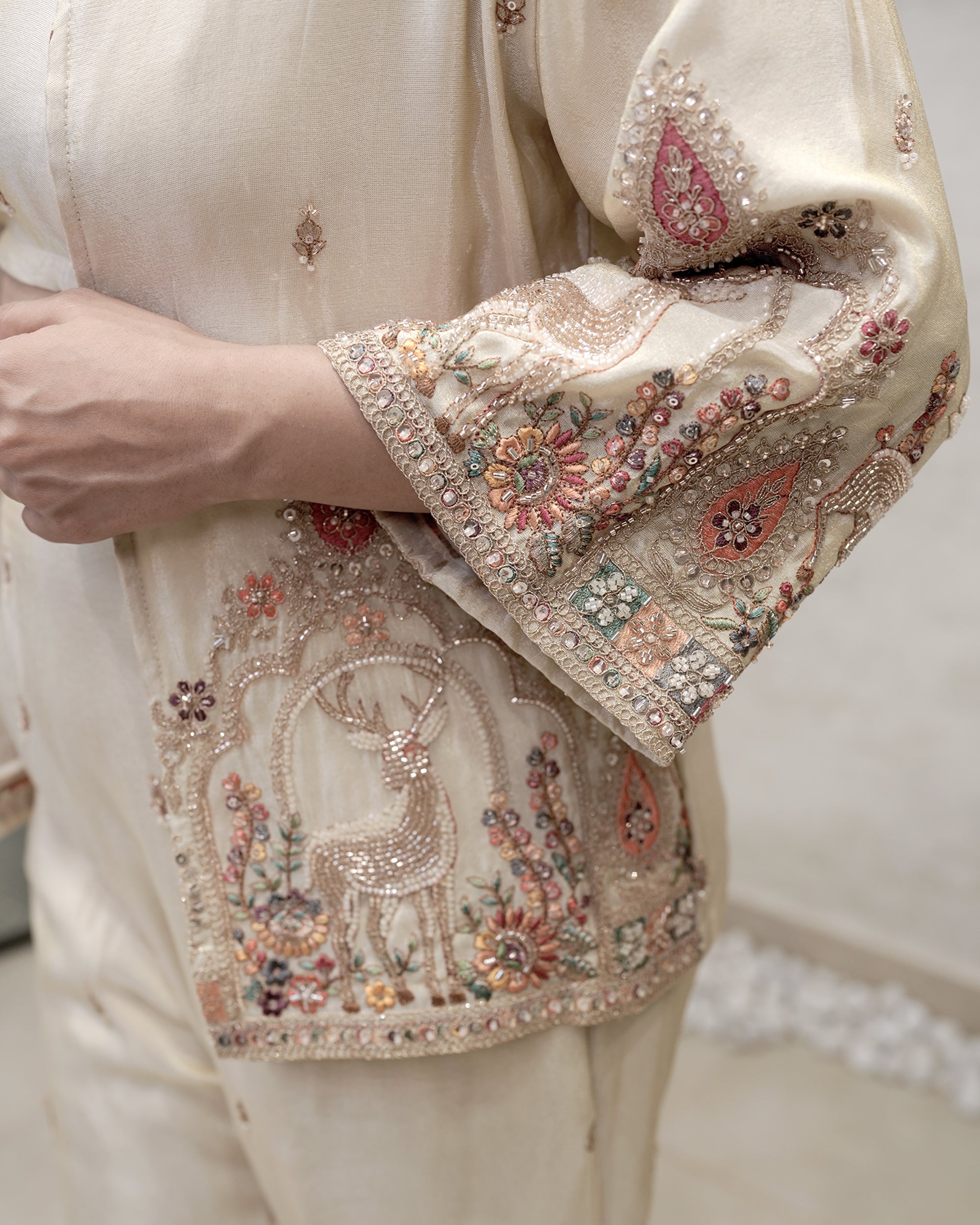 Beads Motif Embroidered Short Jacket with Bustier Three Piece Set