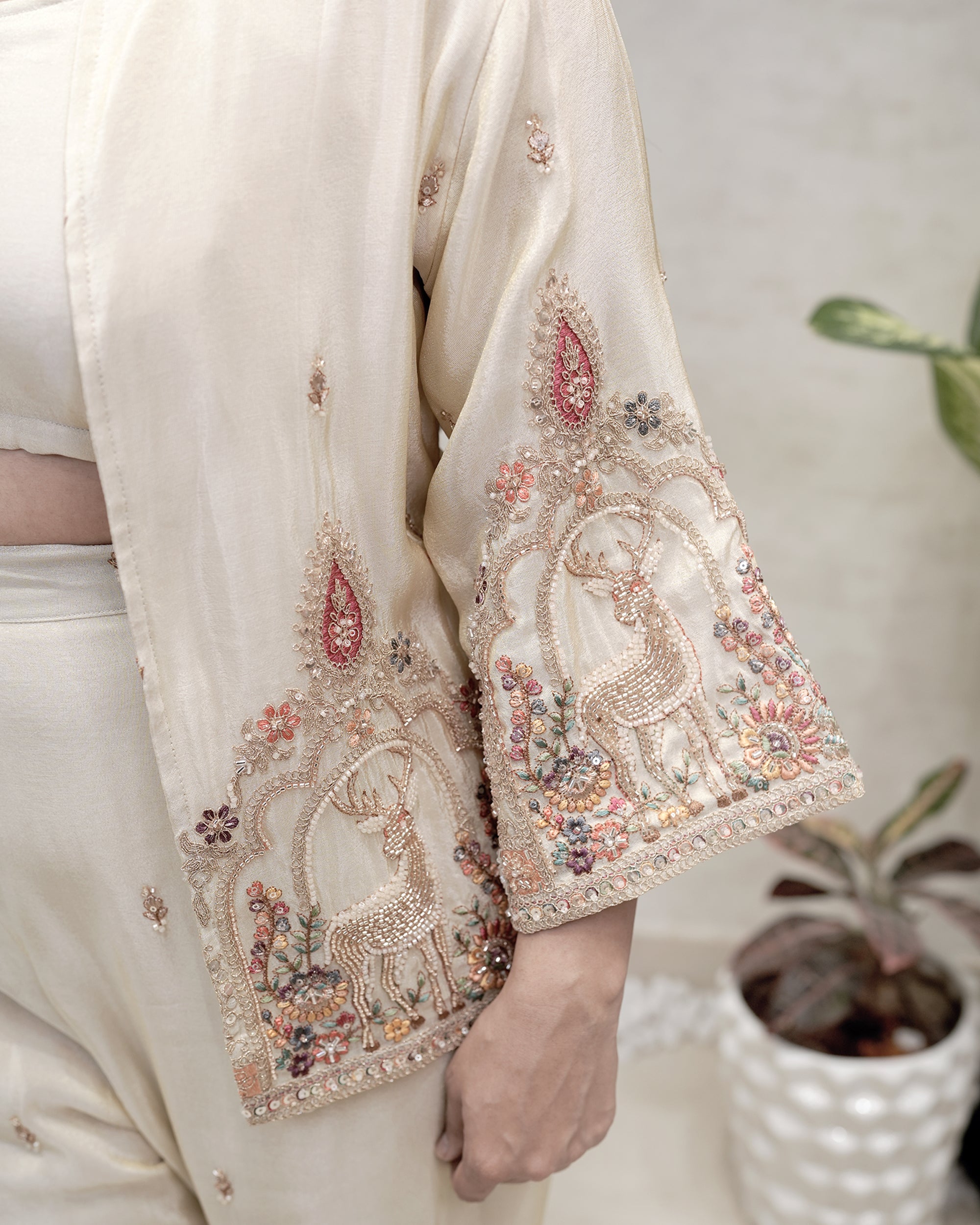 Beads Motif Embroidered Short Jacket with Bustier Three Piece Set