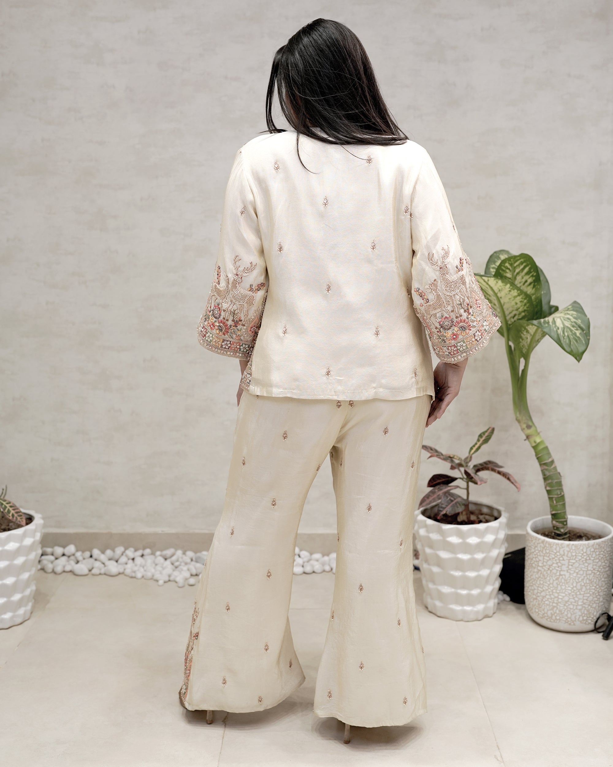 Beads Motif Embroidered Short Jacket with Bustier Three Piece Set