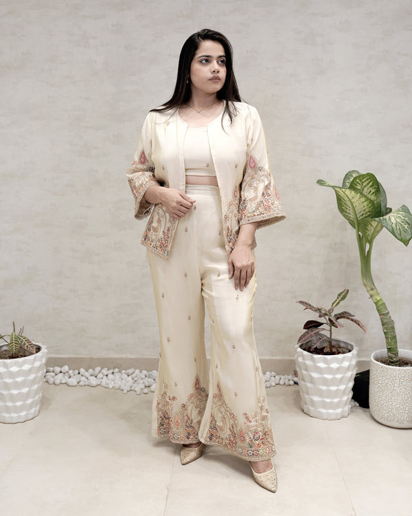 Beads Motif Embroidered Short Jacket with Bustier Three Piece Set