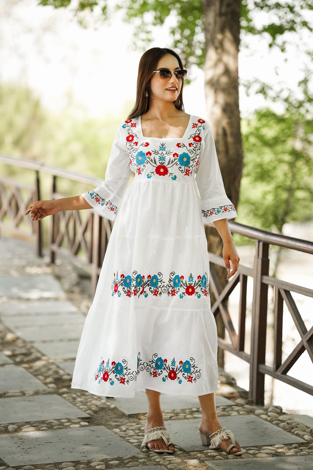 Flare Ankle Length Dress Floral Embroidery