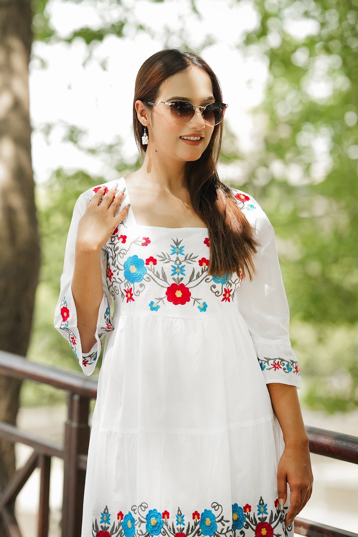 Flare Ankle Length Dress Floral Embroidery