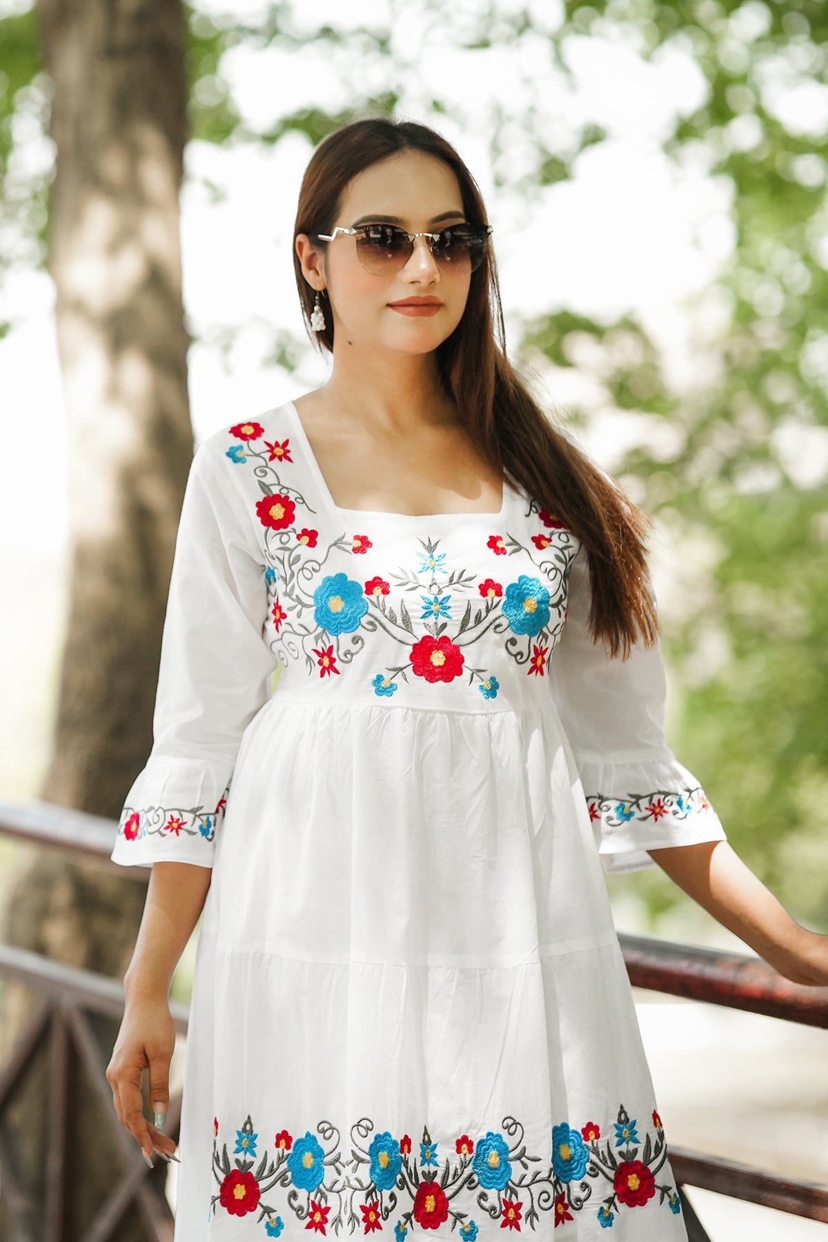 Flare Ankle Length Dress Floral Embroidery