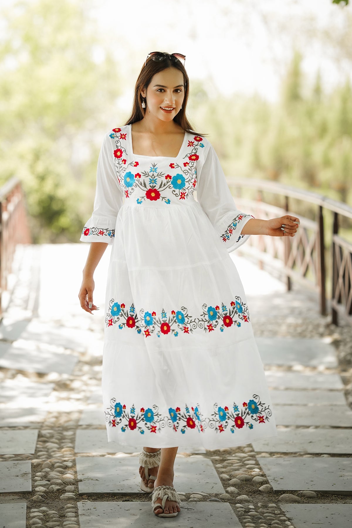 Flare Ankle Length Dress Floral Embroidery