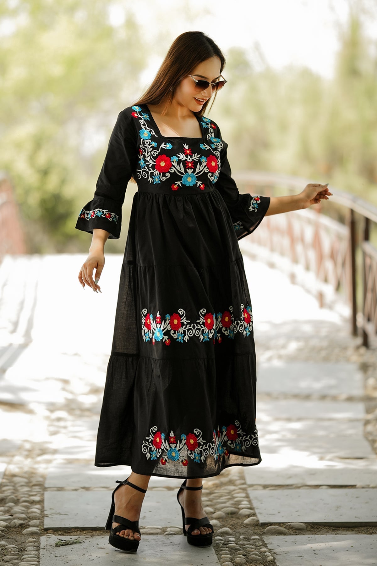 Flare Ankle Length Dress Floral Embroidery - Black