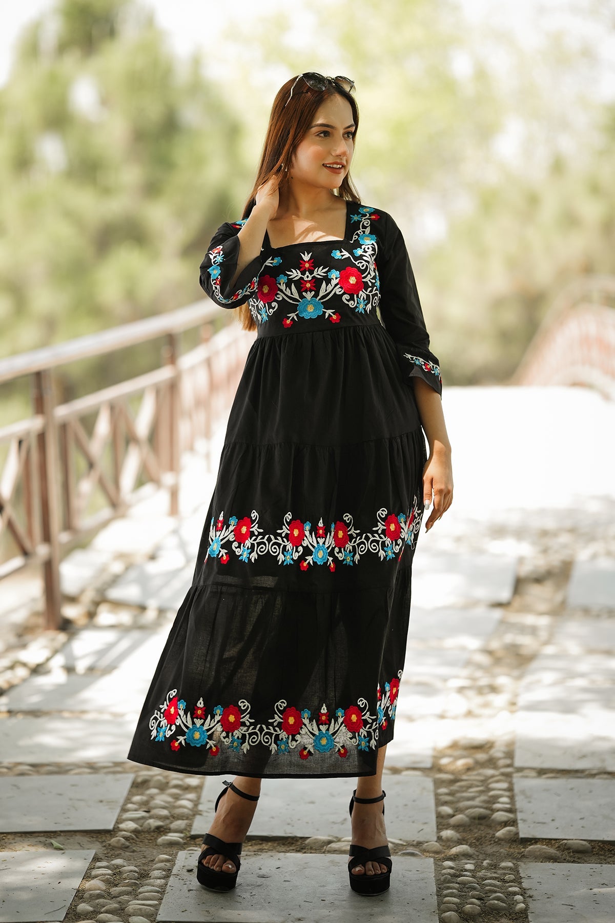 Flare Ankle Length Dress Floral Embroidery