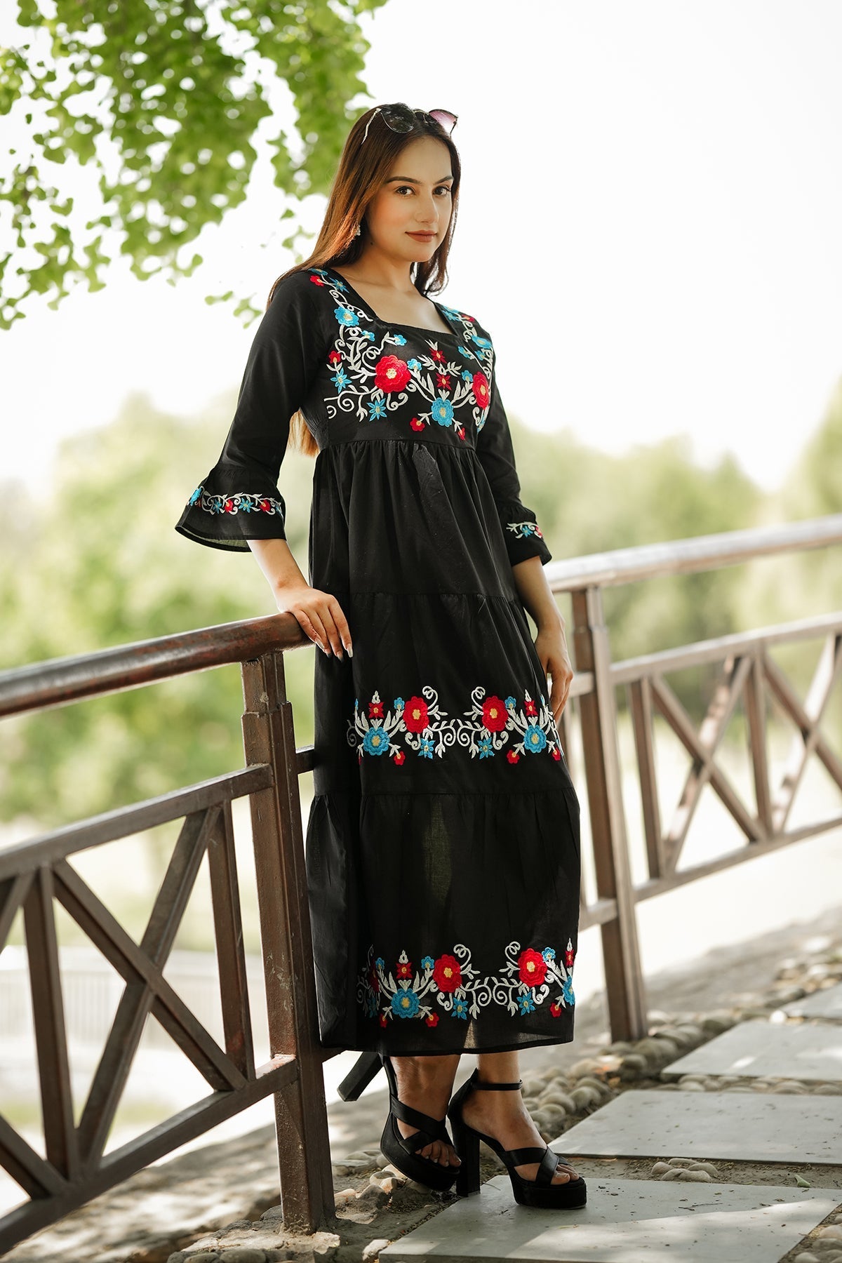 Flare Ankle Length Dress Floral Embroidery - Black