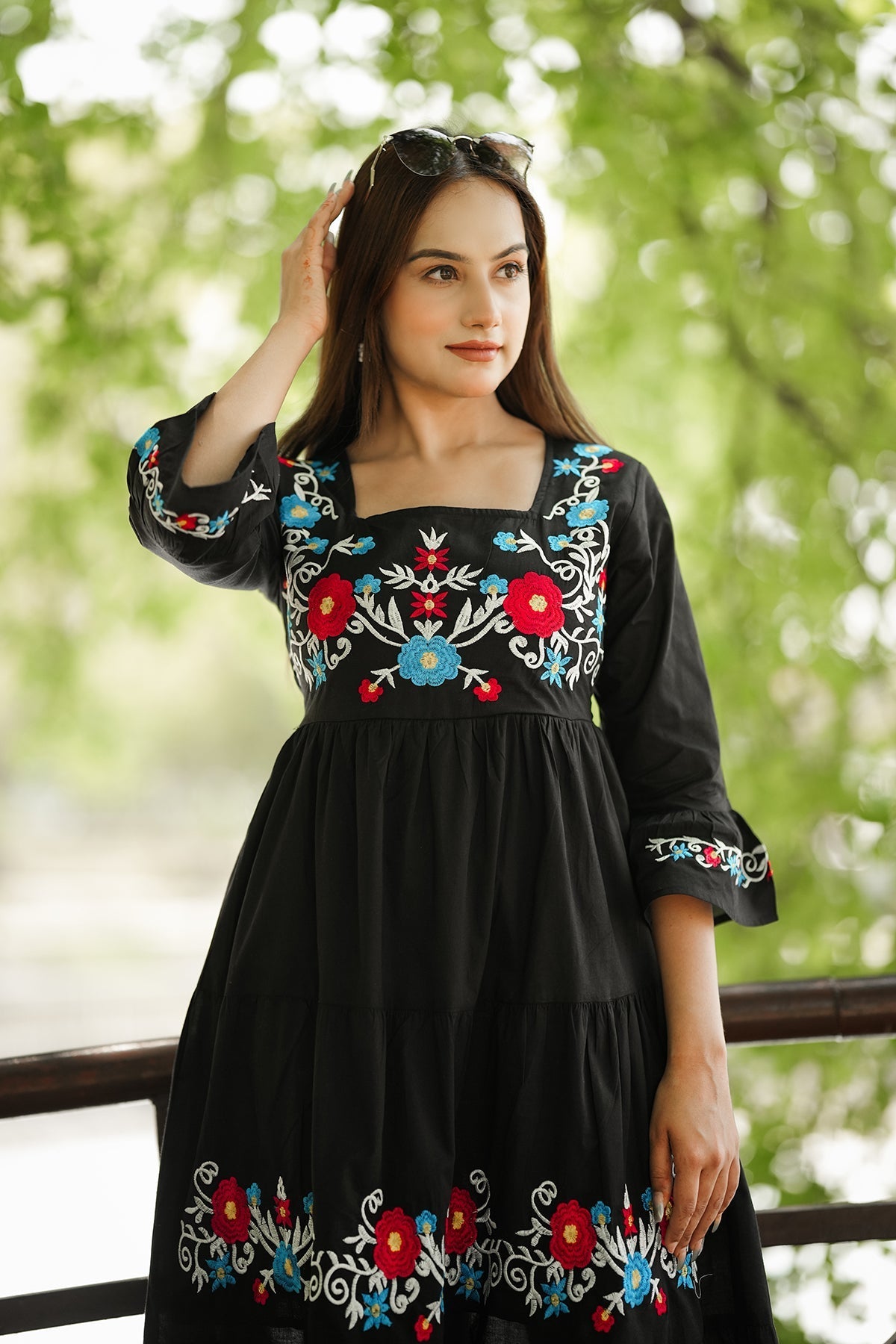 Flare Ankle Length Dress Floral Embroidery - Black