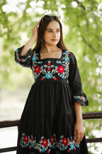 Flare Ankle Length Dress Floral Embroidery