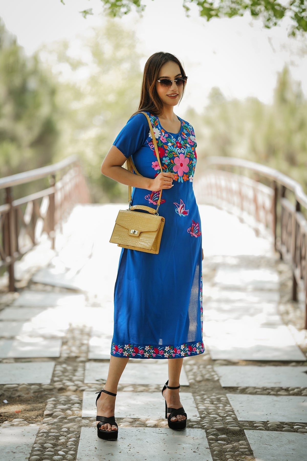 Straight Length Kurta Dress Floral Butterfly Embroidery