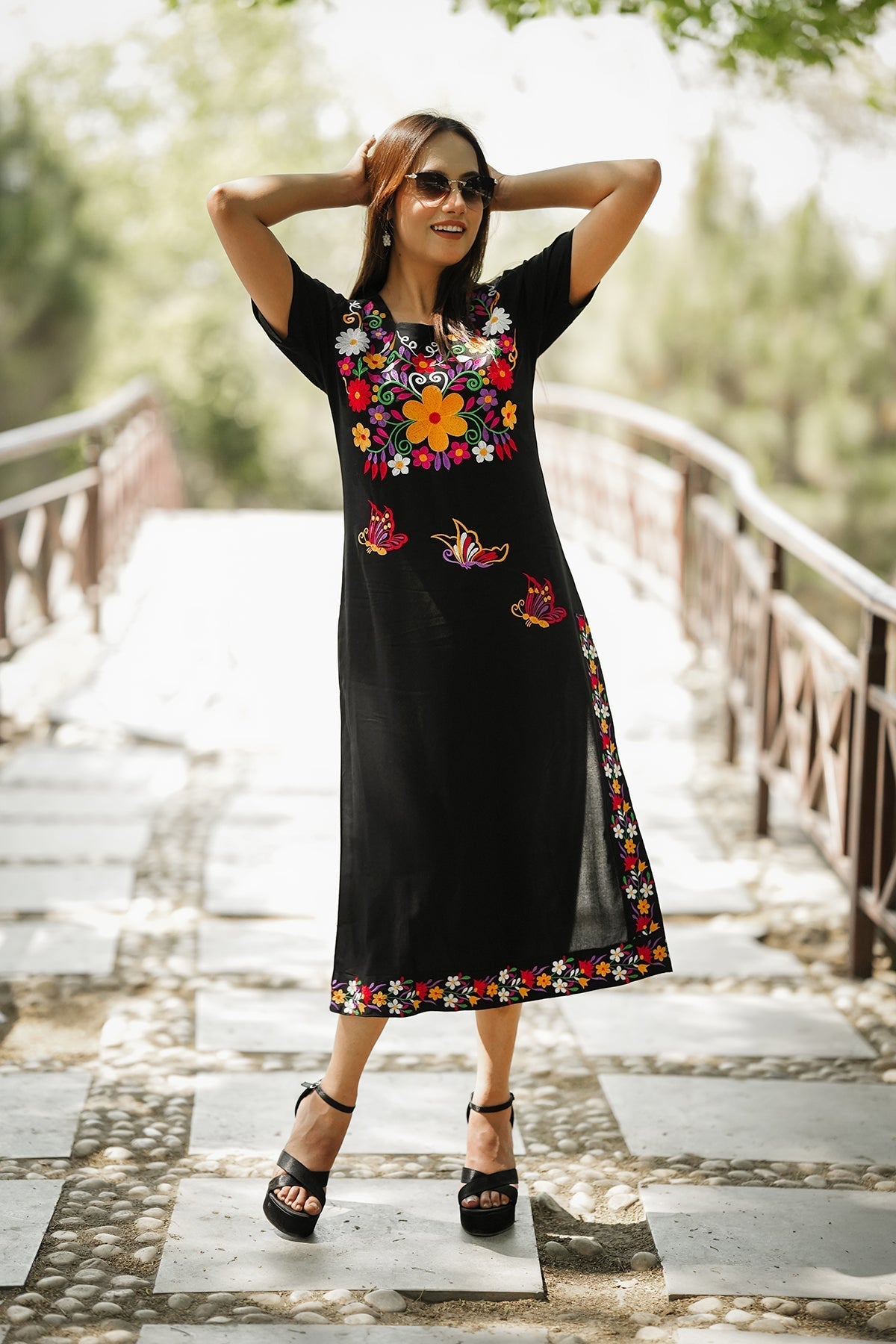 Straight Length Kurta Dress Floral Butterfly Embroidery