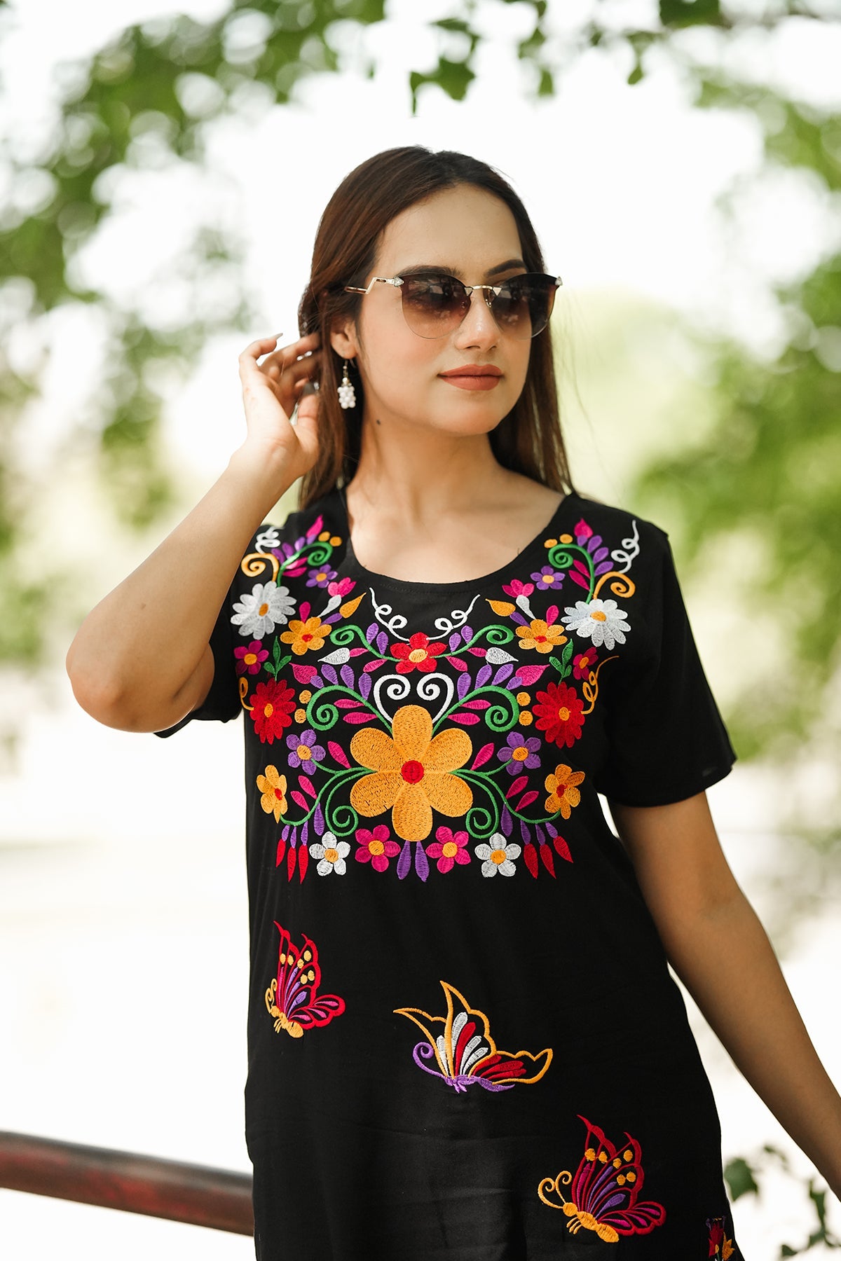Floral Butterfly Straight Kurta – Black