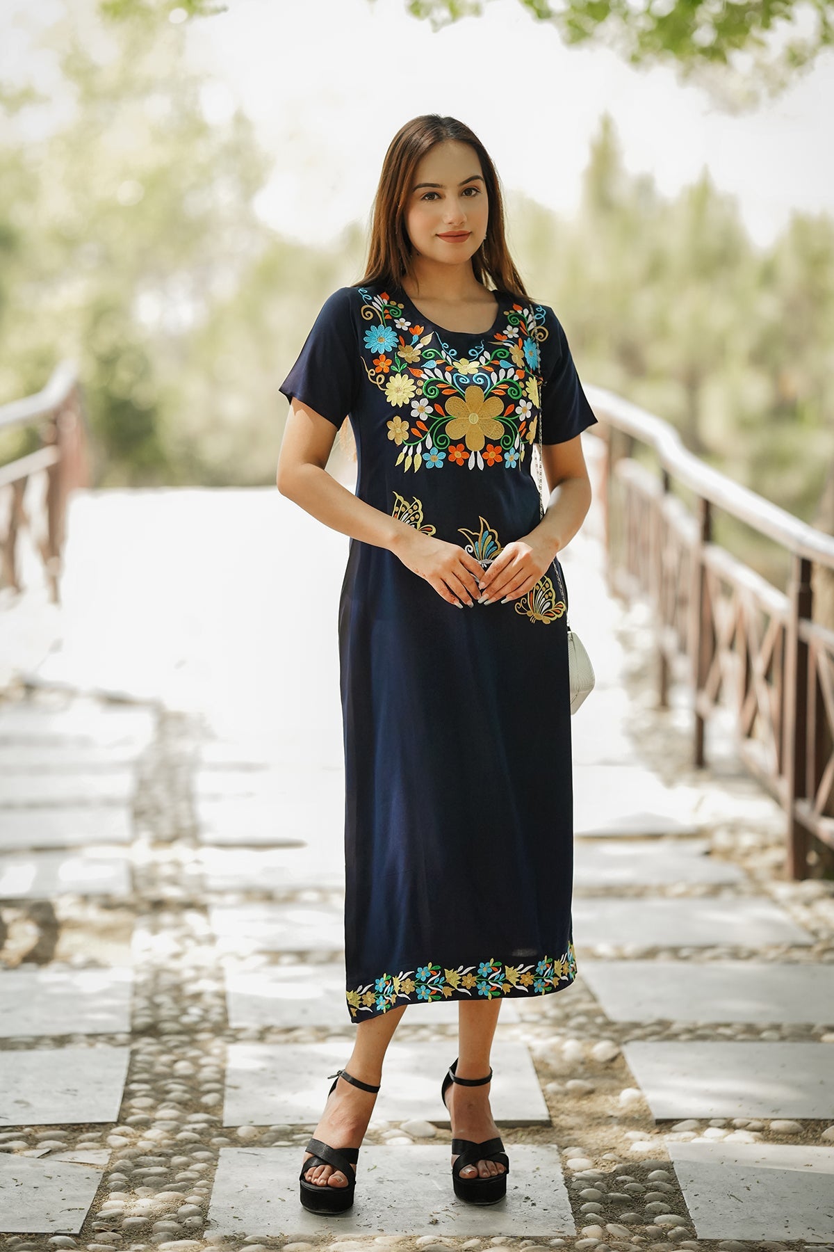 Straight Length Kurta Dress Floral Butterfly Embroidery -  Black