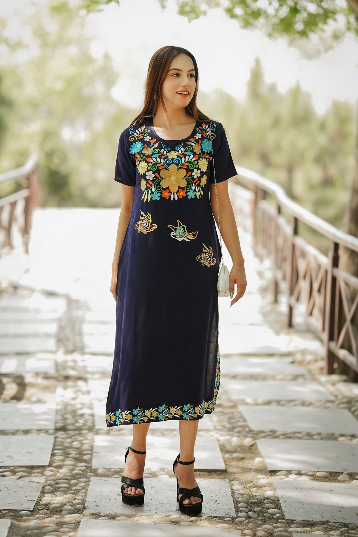 Straight Length Kurta Dress Floral Butterfly Embroidery