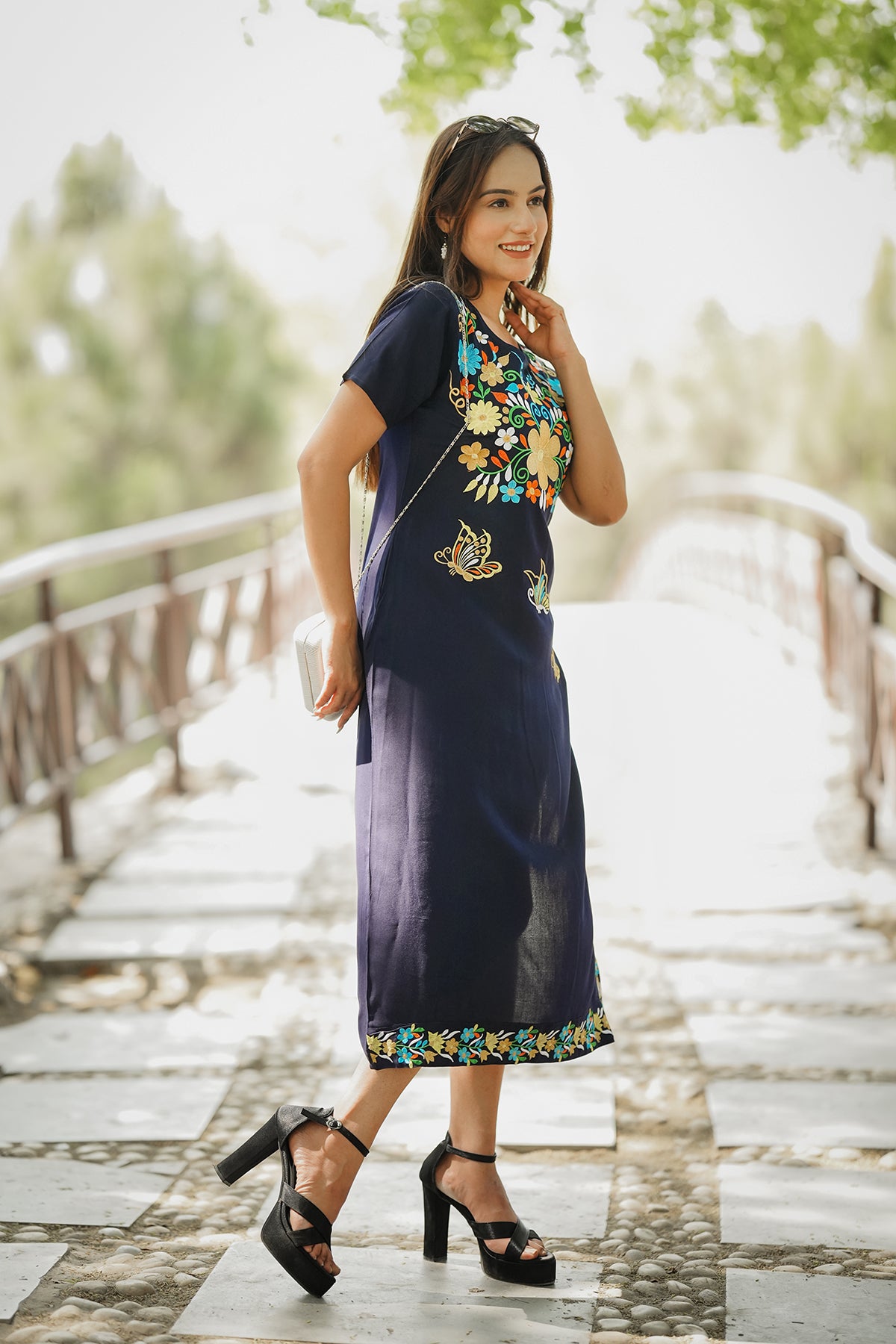 Straight Length Kurta Dress Floral Butterfly Embroidery